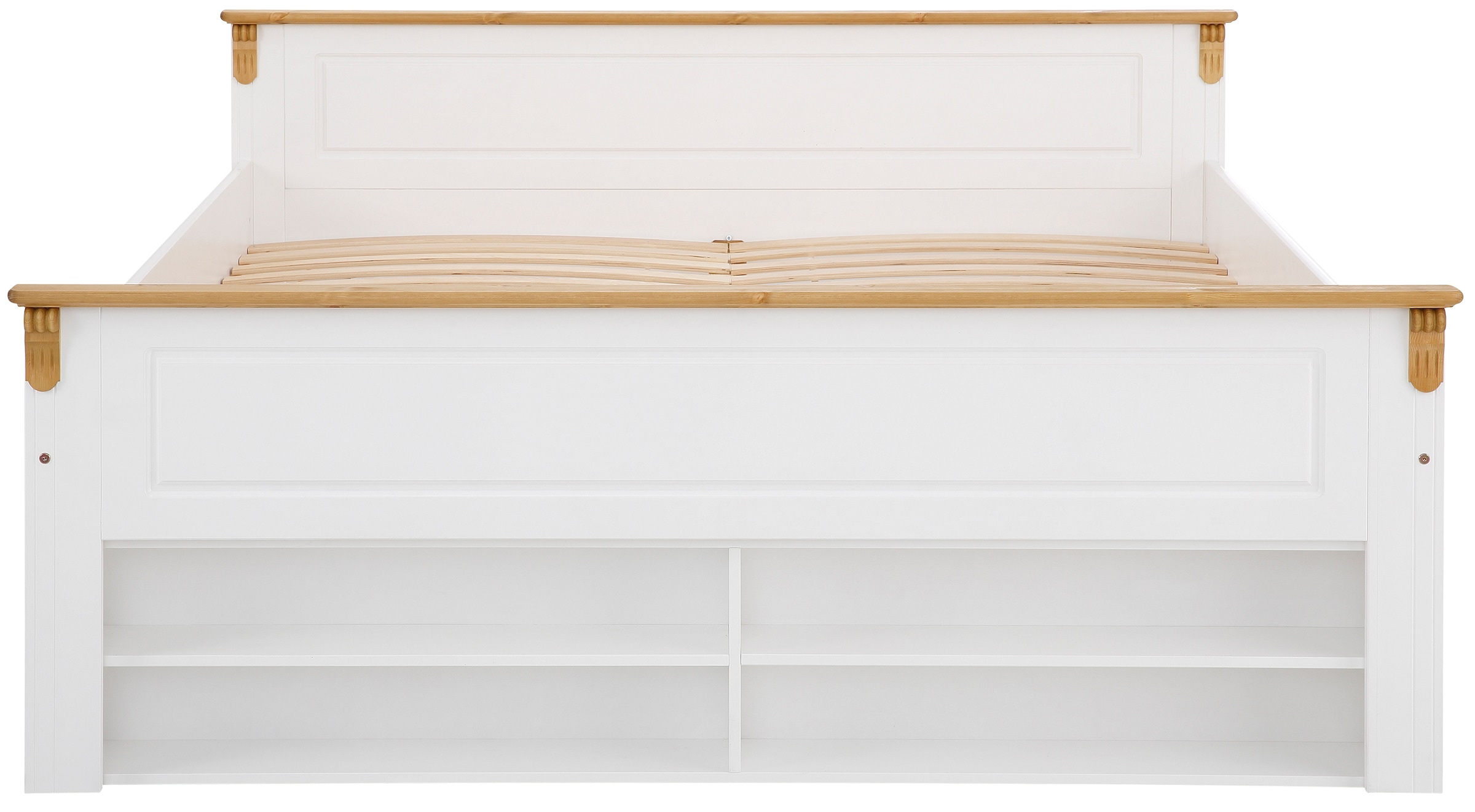 Home affaire Massivholzbett »Tessin, Stauraumbett, Landhausstil, Schubladen optional, rustikal«, (Breite/Belastbarkeit 180cm/220 KG, 140cm/180 KG), zertifizierte Kiefer, Kassetten-Optik, stabile Qualität