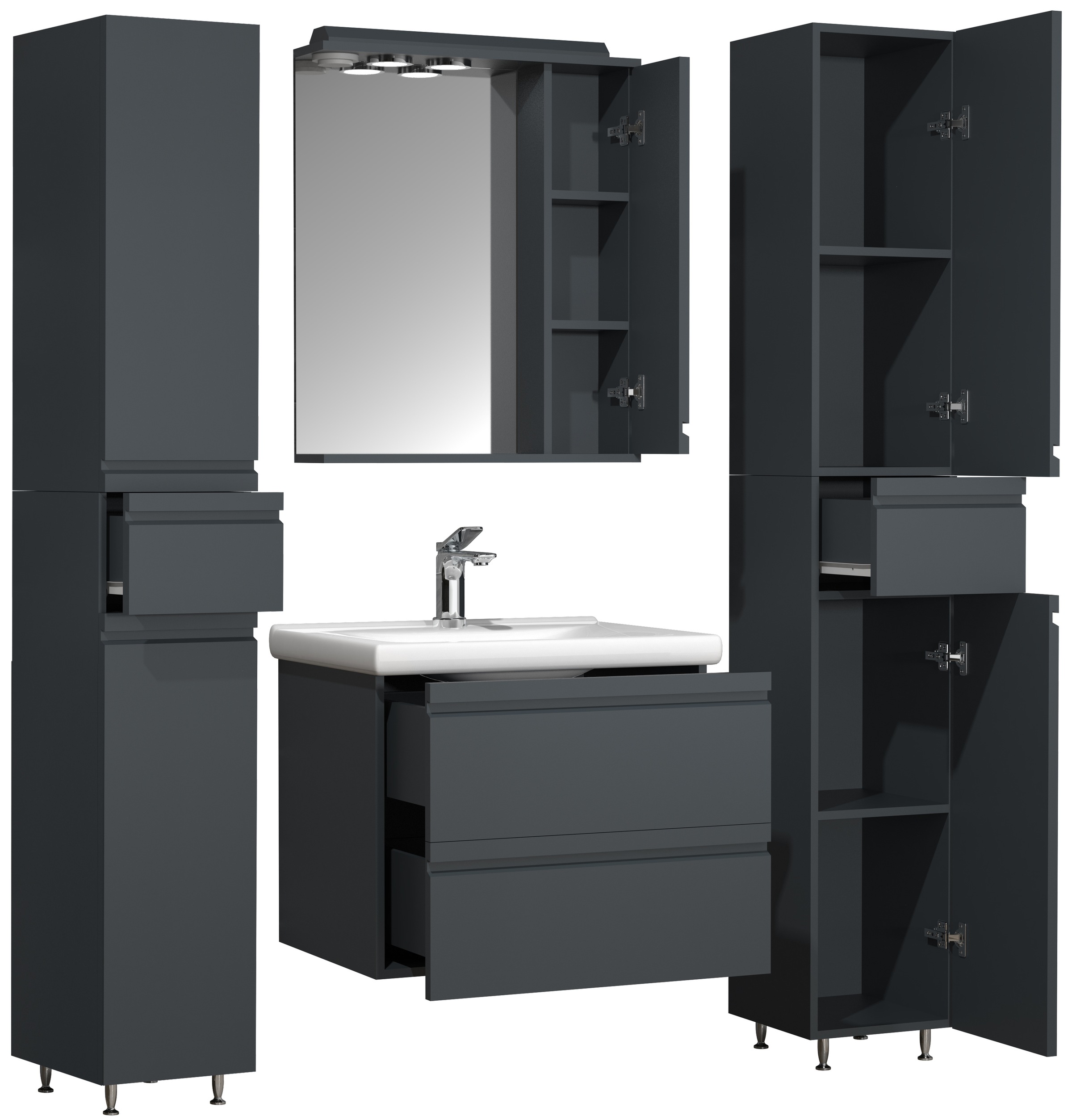VCM Waschbeckenunterschrank »VCM 5-tlg. Waschplatz Waschtisch 60 cm Badmöbel Set Waschbecken grifflose Schublade Spiegelschrank Hochschrank Silora L«, (5 St.)