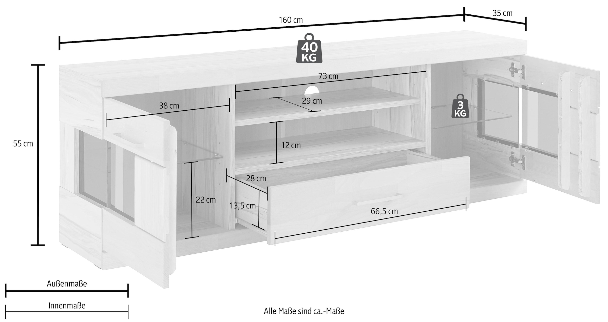 Home affaire Lowboard »Ribe,160cm breit,55cm hoch,Oberplatte massiv«, Oberplatte Massivholz,schwarze Metall Griffe,2 Türen mit Glaseinsatz