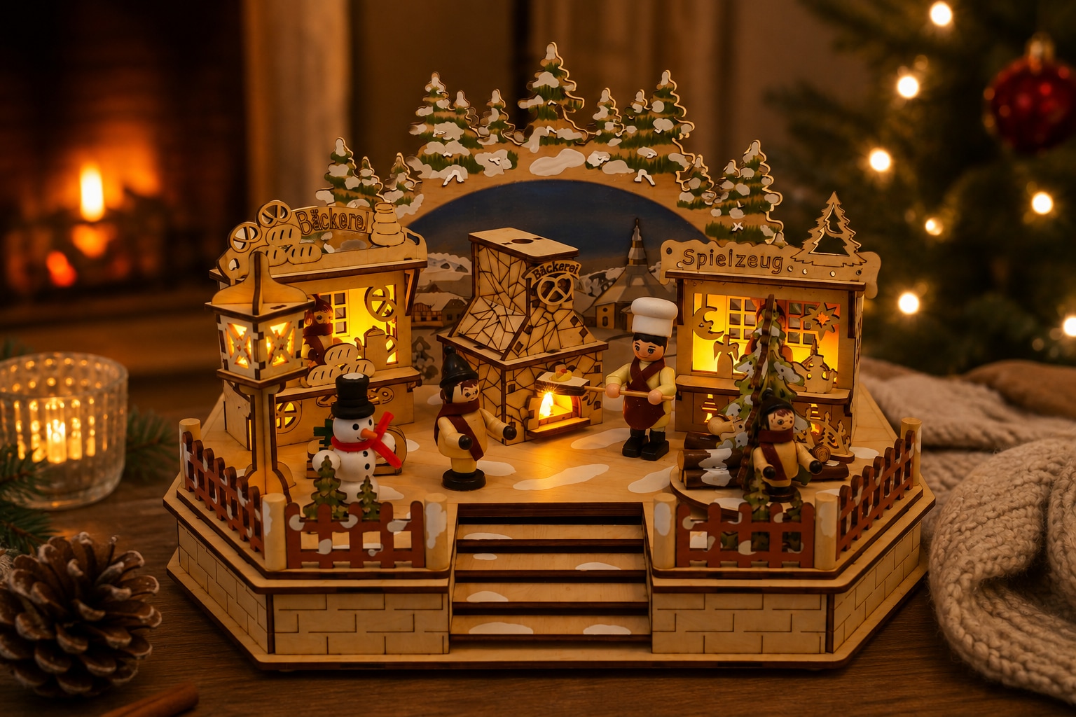 OTTO home Spieluhr »LED Weihnachtsdorf, 1 Stück« Weihnachtsdorf aus Holz mit LED, Gratis-Hänger, 6h-Lichttimer
