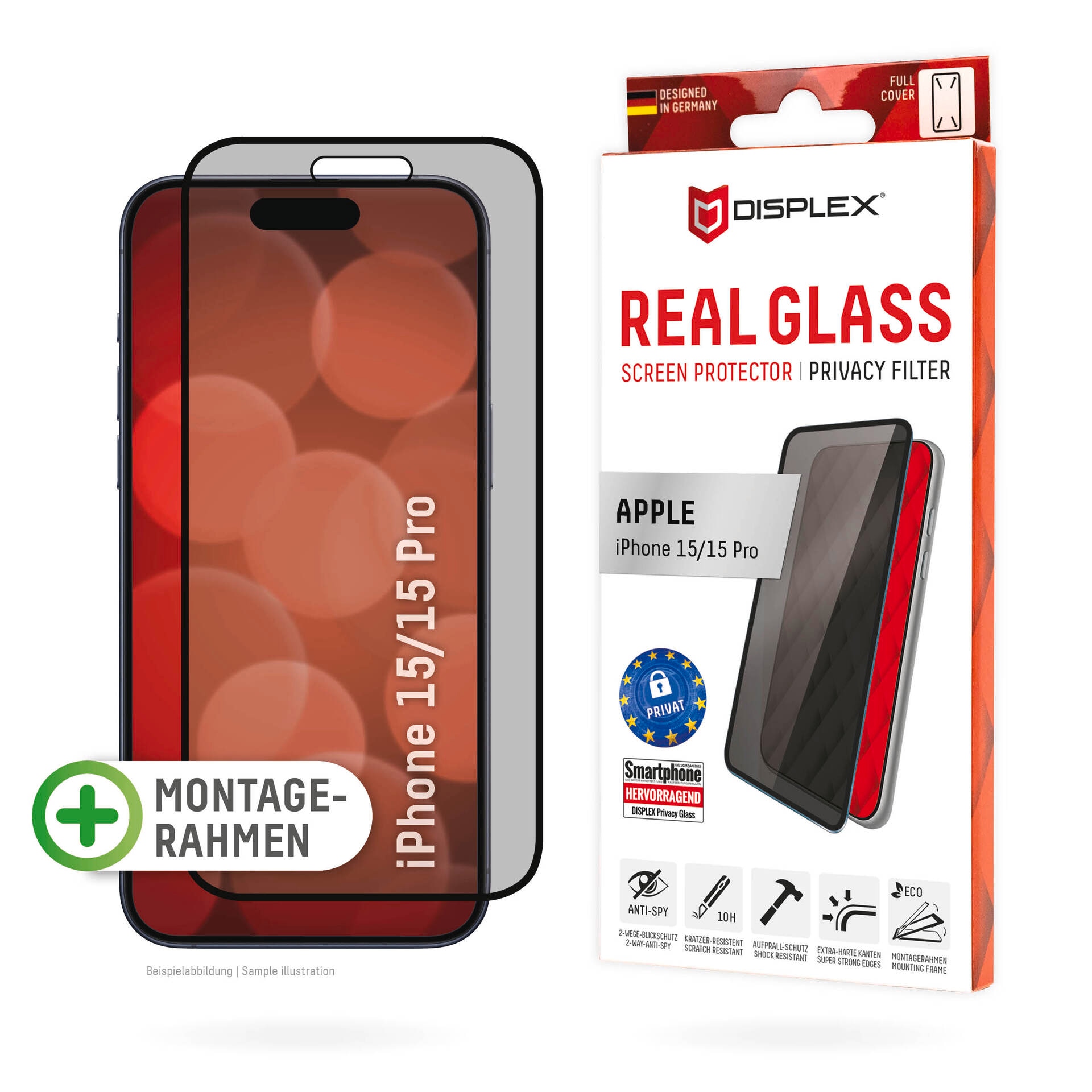 Displex Displayschutzglas »Privacy Glass«, für Apple iPhone 15-Apple iPhone 15 Pro, Blickschutz Displayschutzfolie Displayschutz kratzer-resistent 10H