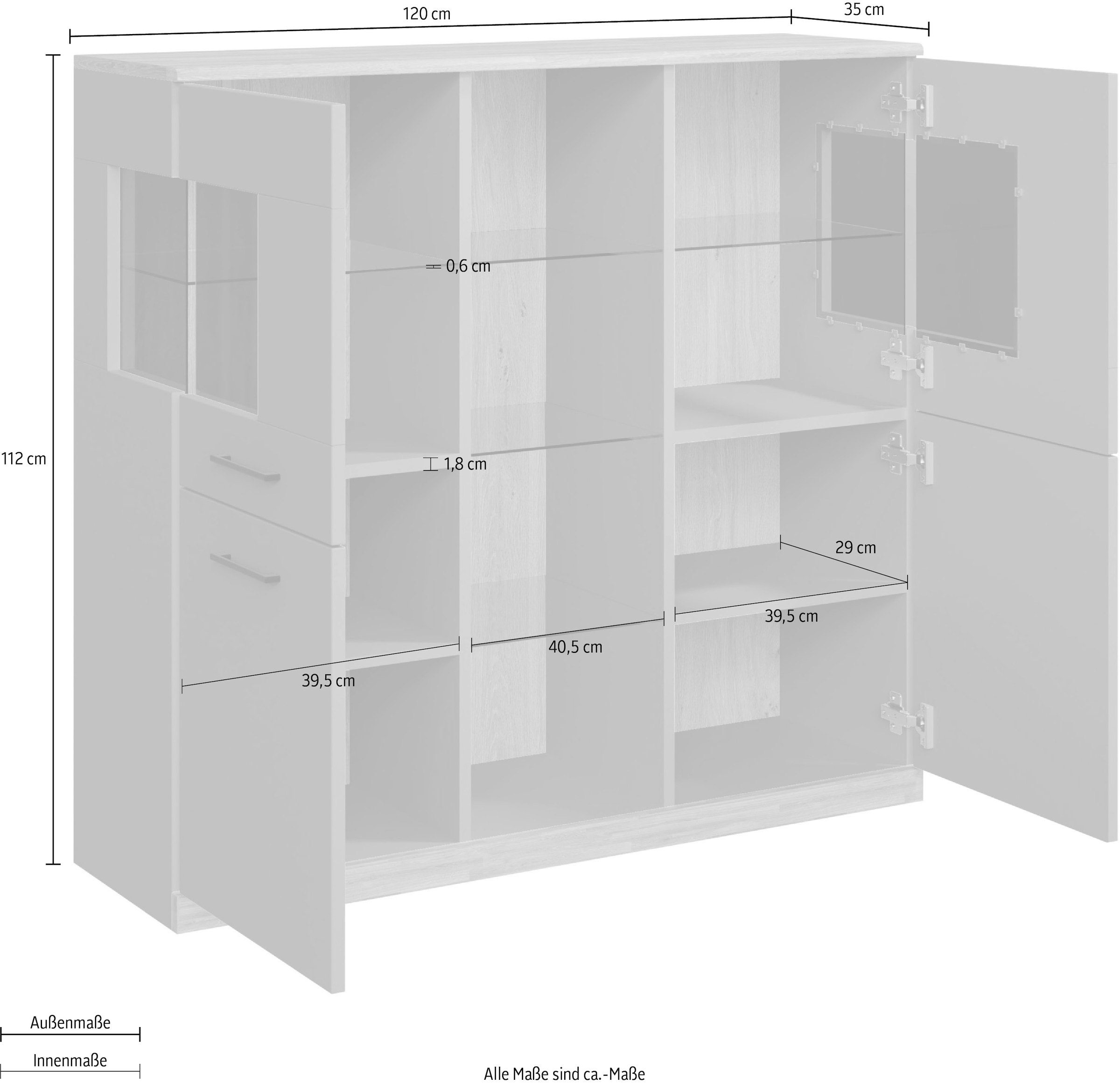 Home affaire Highboard »Ribe,120cm breit,112cm hoch,Oberplatte massiv,12 Fächer«, Eiche massiv,Melamin Salbeigrün,schwarze Metall Griffe,Türen mit Glass