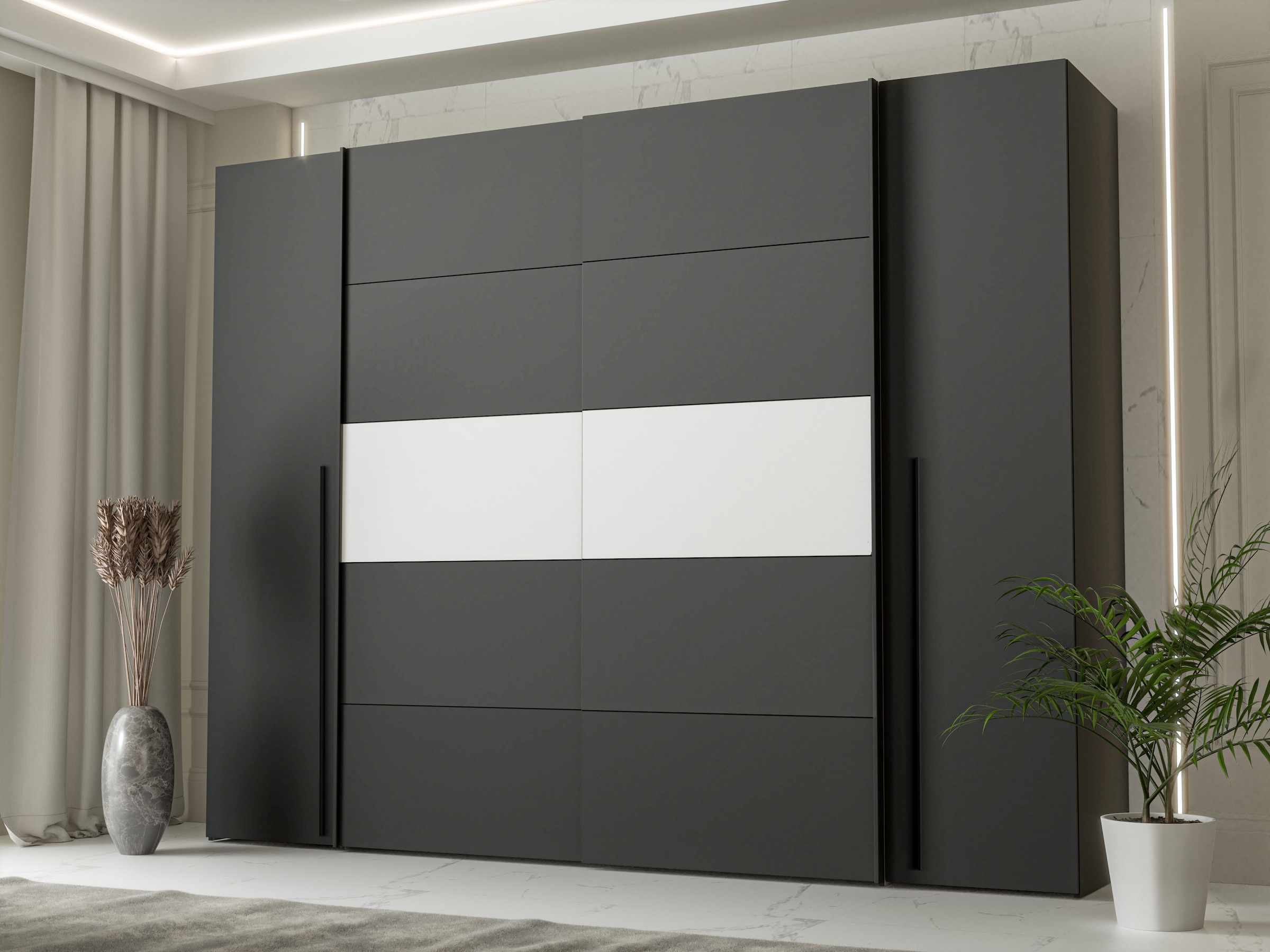 FORTE Dreh-/Schwebetürenschrank »Narago, TOPSELLER, Made in Europe, zeitloses Design«, (B/H/T ca. 270x210X61cm, Farbe Weiß auch mit Spiegeln erhältlich), viele Einlegeböden teilweise variabel einsetzbar, maximaler Stauraum