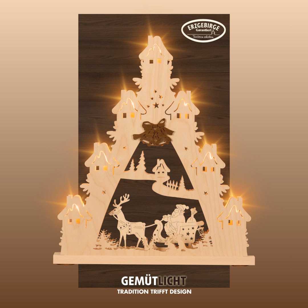 Weigla Schwibbogen »Weihnachtsmann auf Schlitten, Lichterspitze aus Holz NATUR-BRAUN«, Erzgebirge garantiert, Weihnachtsdeko Innen, Weihnachtsbeleuchtung