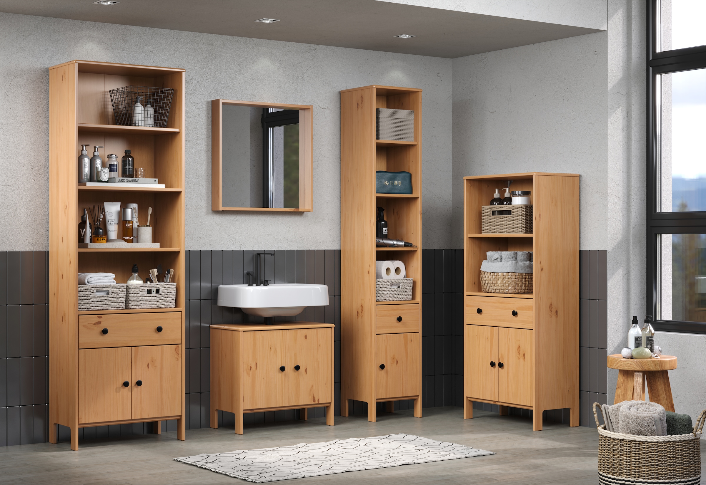 welltime Hochschrank »Kall«, (1 St.), Badschrank aus Kiefer-Massivholz mit Schublade - (B/T/H) 35/33/188 cm