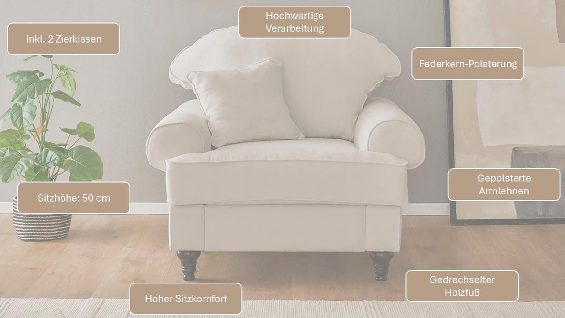OTTO home Sessel »Westminster mit hochwertigem Microfaserbezug, in 5 Farben verfügbar« Federkern-Polsterung, gedrechselter Fuß, inkl. Zierkissen