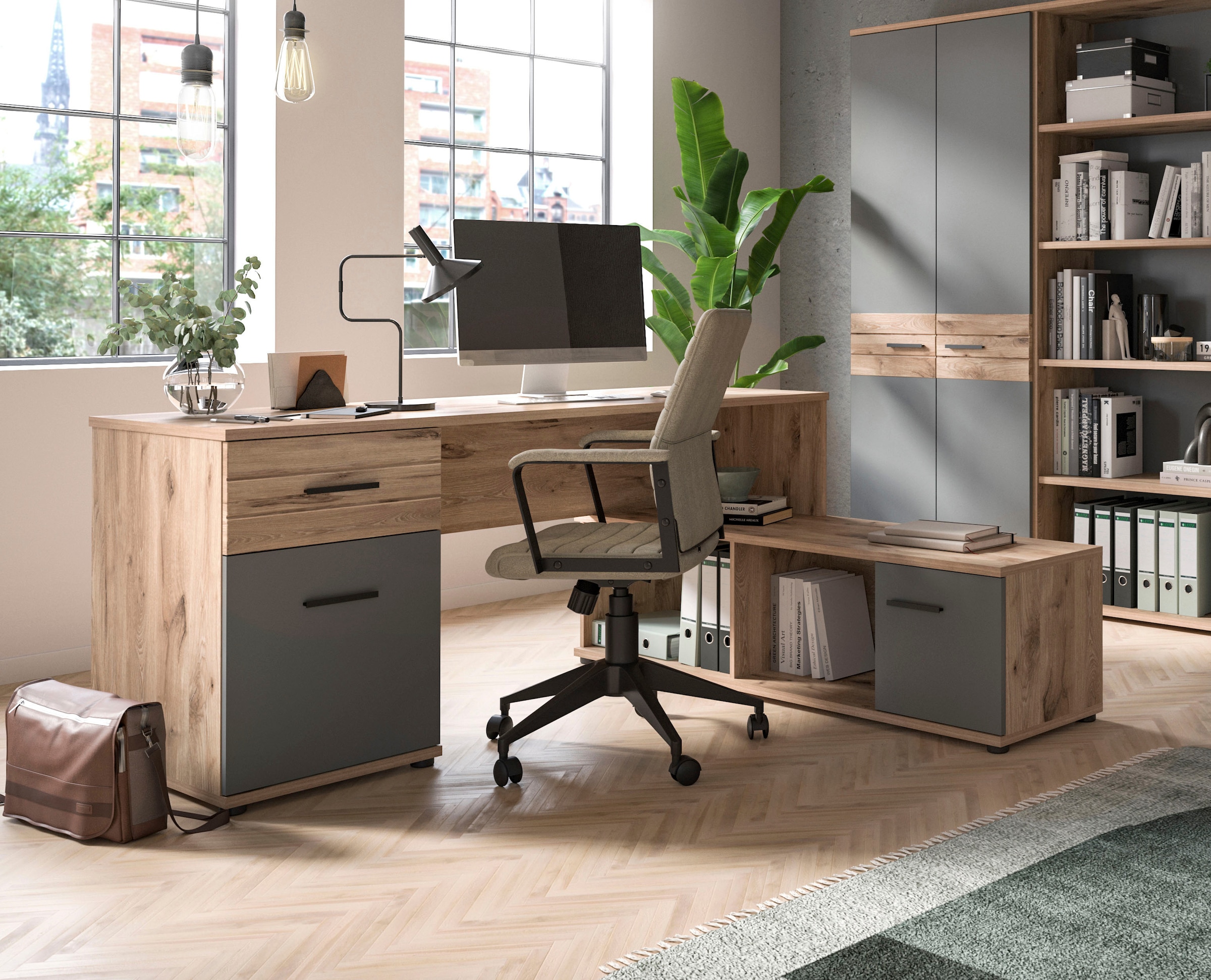 INOSIGN Eckschreibtisch »Riga, Breite 170cm, in Nox Oak Nachbildung und Basalt grau«, Bürotisch, Schreibtisch, Ecktisch, Arbeitszimmer, Computertisch