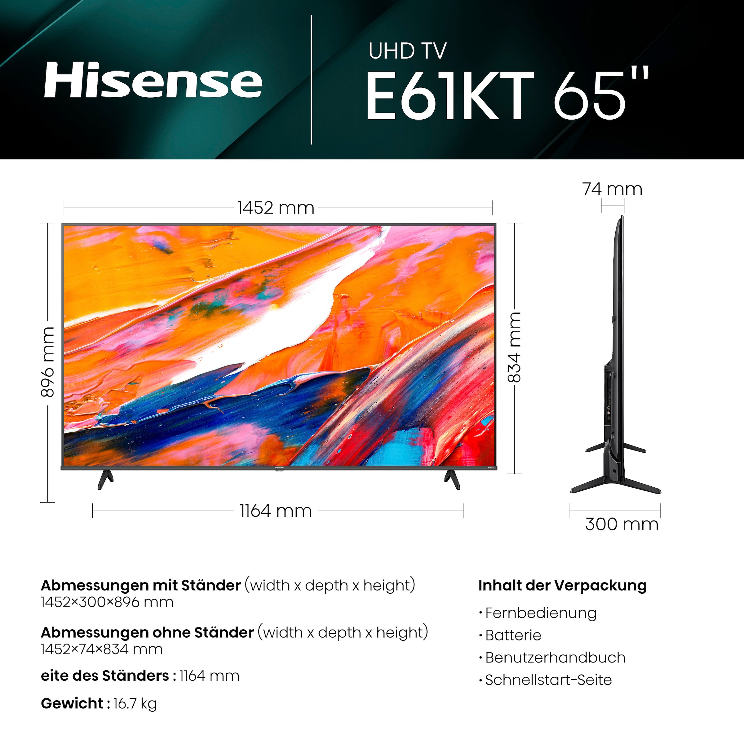 Hisense LED-Fernseher »65E61KT«, cm/65 4K Jahre XXL DVB-C/S/S2/T/T2 3 Zoll, ➥ Dolby Tuner HD, | Smart-TV, Ultra Triple 164 Garantie Smart-TV, Vision, UNIVERSAL