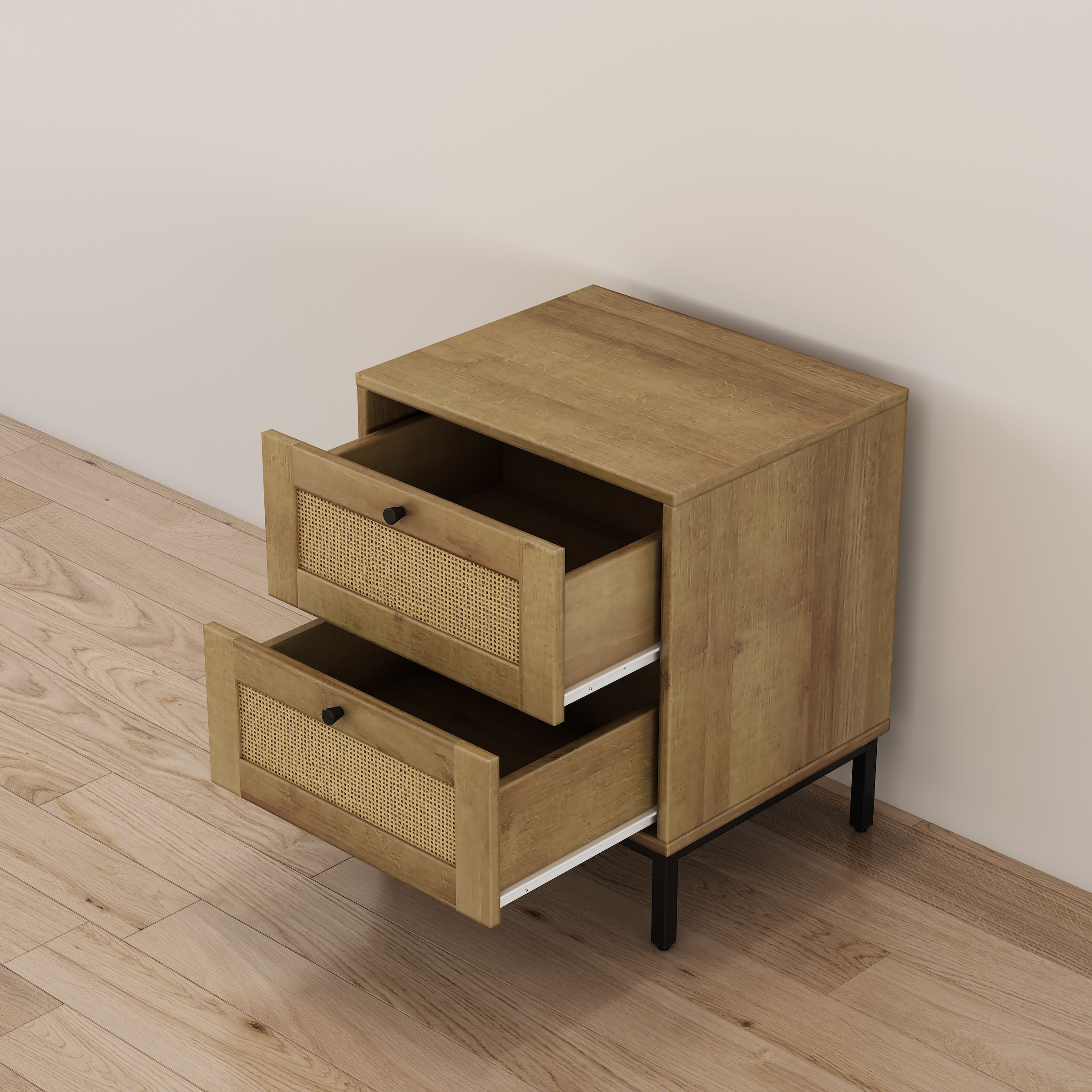 OTTO home Nachtkommode »Motala Nachtschrank Set BOHO Style mit Geflecht Schubladen Bestseller« Set, 2 Schränke im Set - Eichen-Design mit schwarzen Griffen, 