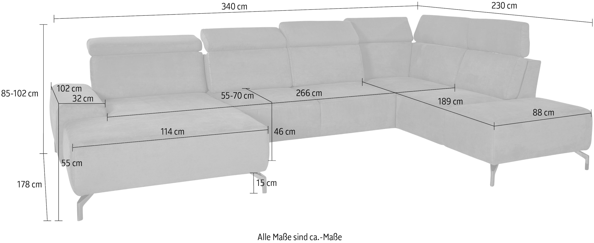 sit&more Wohnlandschaft »Gizeh U-Form« 15 cm Fußhöhe, inklusive Sitztiefenverstellung und Kopfteilverstellung