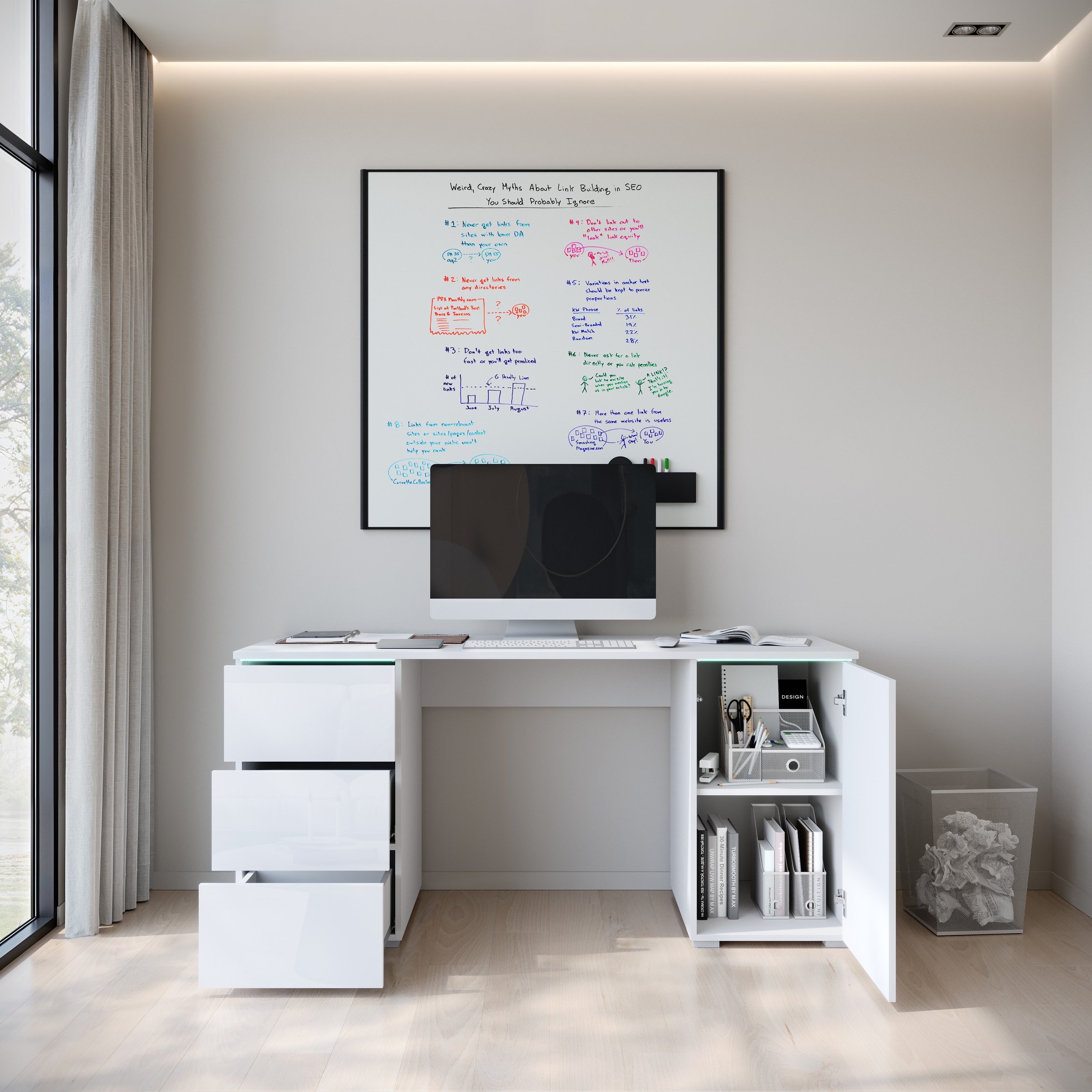 INOSIGN Schreibtisch »Vera«, (1 St.), Bürotisch mit LED, Push-to-Open, 3 Schubladen & Stauraum