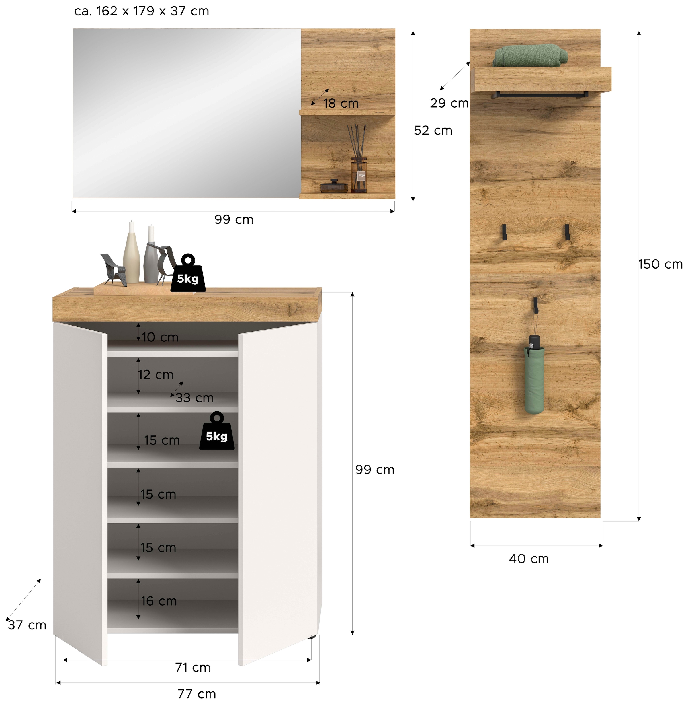 OTTO home Garderoben-Set »MAMBO, TOPSELLER!, 3-teilige Kombination, stehend & hängend montierbar« bestehend aus: Kommode, Spiegel, Garderobenpaneel, 3 Stk. tlg.