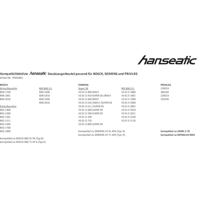 Hanseatic Staubsaugerbeutel »Staubbeutel«, (Packung, 10 St.) mit 3 Jahren  XXL Garantie