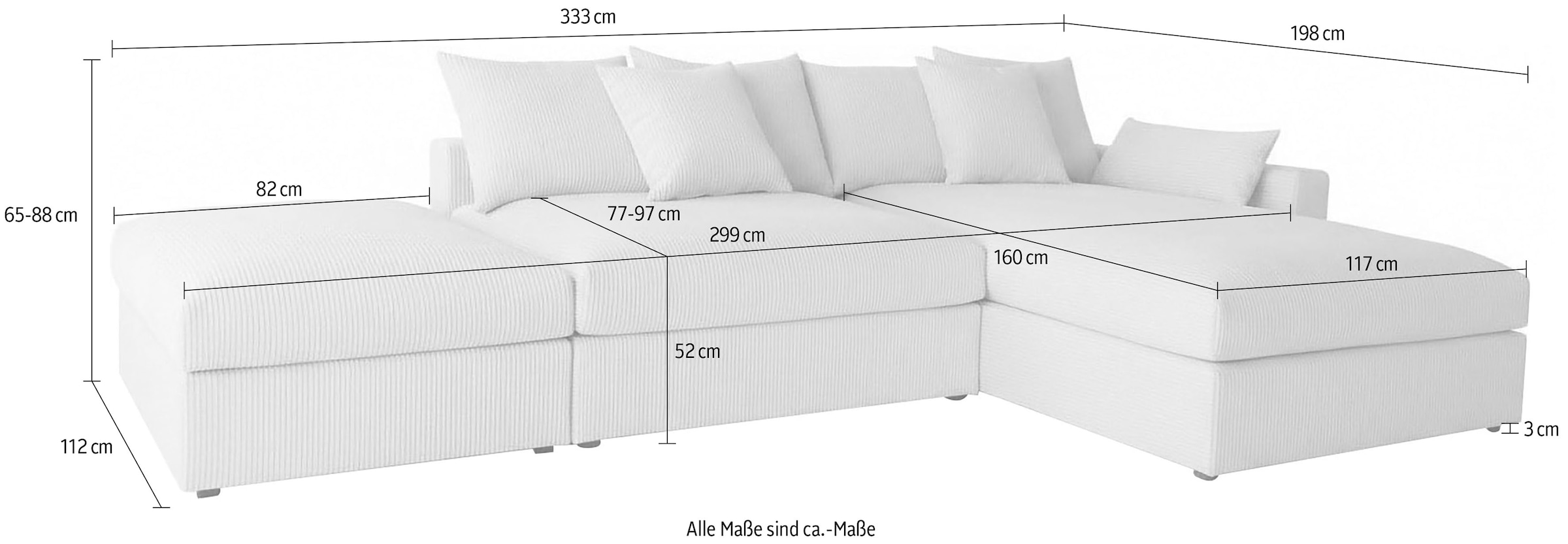 OTTO home Ecksofa »Cosy Lounge L-Form, Breite 333 cm« Mega-Sofa mit Cordstoff bezogen, mit Federkern & 4 Zierkissen