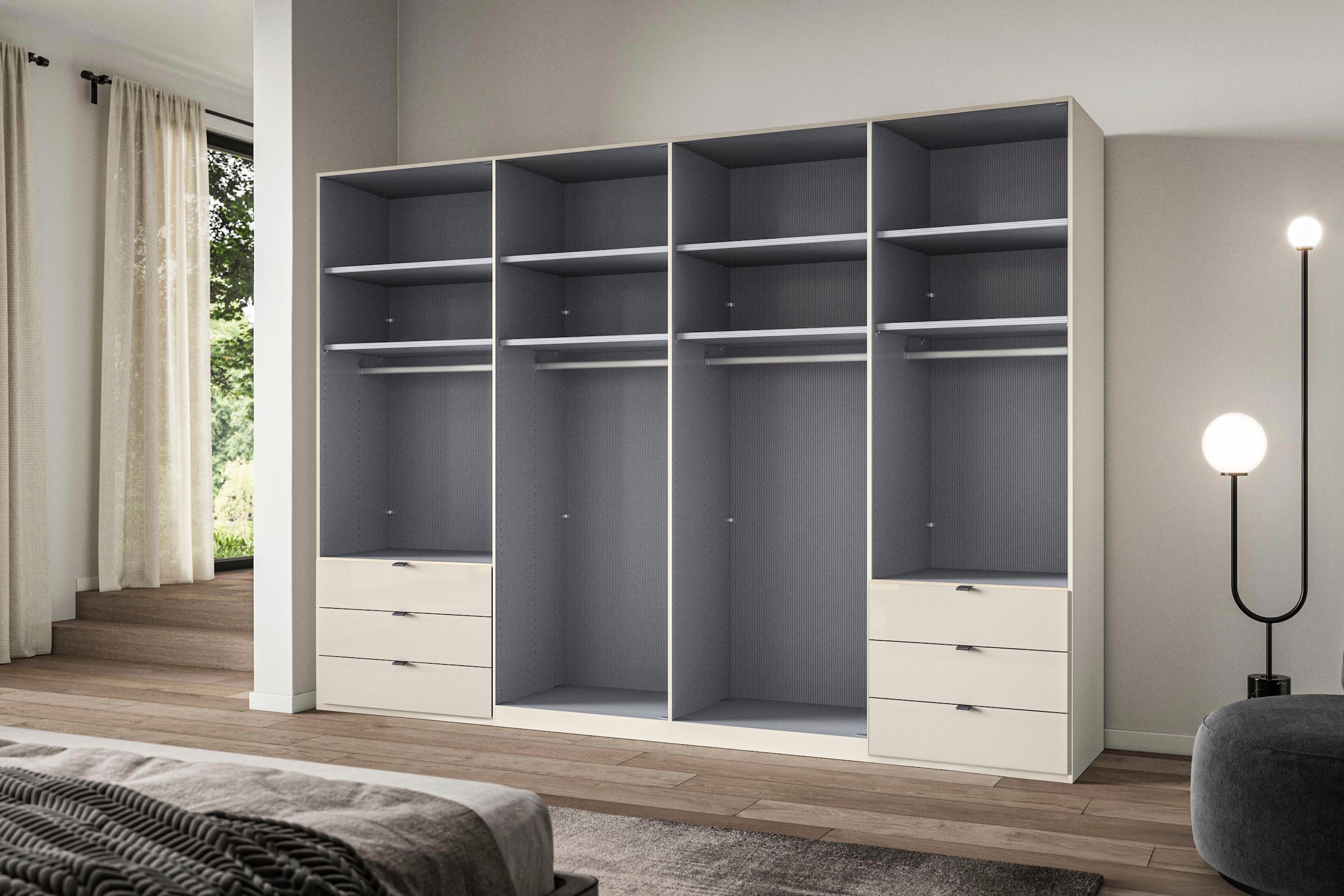 WIEMANN Falttürenschrank »Ohio, Kleiderschrank, Schrank, Garderobe, mit Schubladen, 300 cm« inklusive Einlegeböden & Kleiderstangen, 2 Höhen, MADE IN GERMANY,  inklusive Tür und Schubkastendämpfung, hochwertige Glasfront