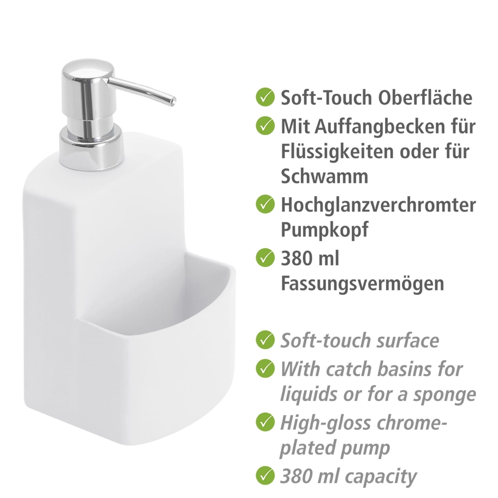 WENKO Spülmittelspender »Modell Festival«, aus Keramik, Soft-Touch Beschichtung, mit Spülschwamm-Fach, 380 ml