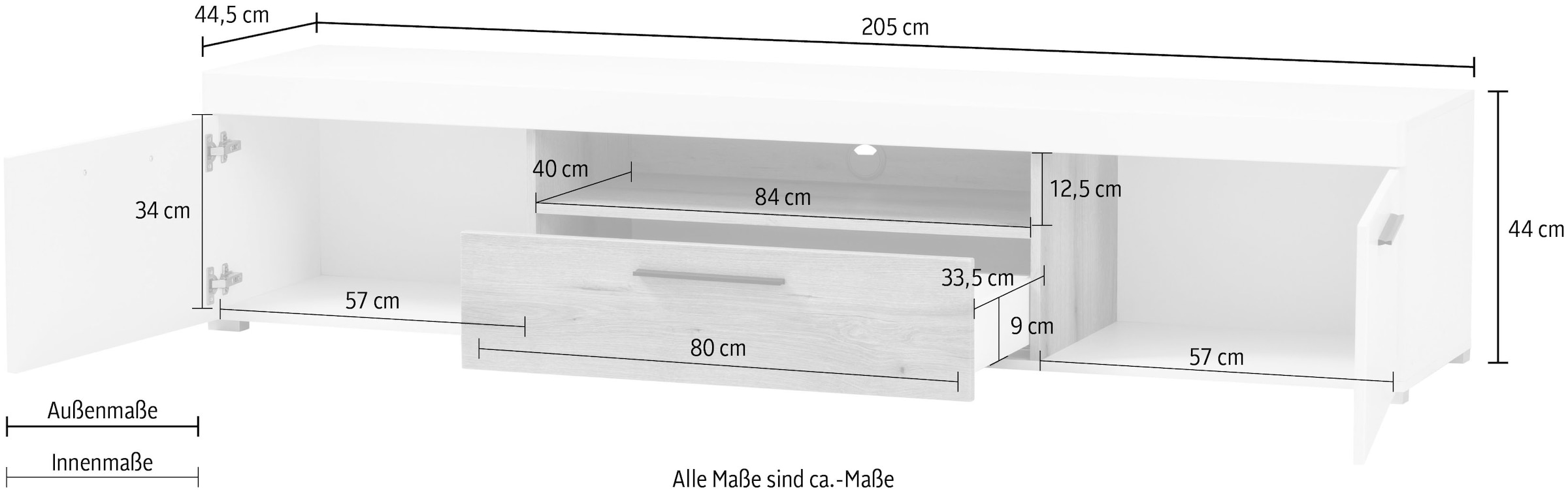Home affaire Lowboard »Salerno, moderner Unterschrank, Kommode in Weiß mit Eiche Evoke Dekor« Metallgriffe, ausreichend Stauraum, vielseitig einsetzbar, 205cm breit