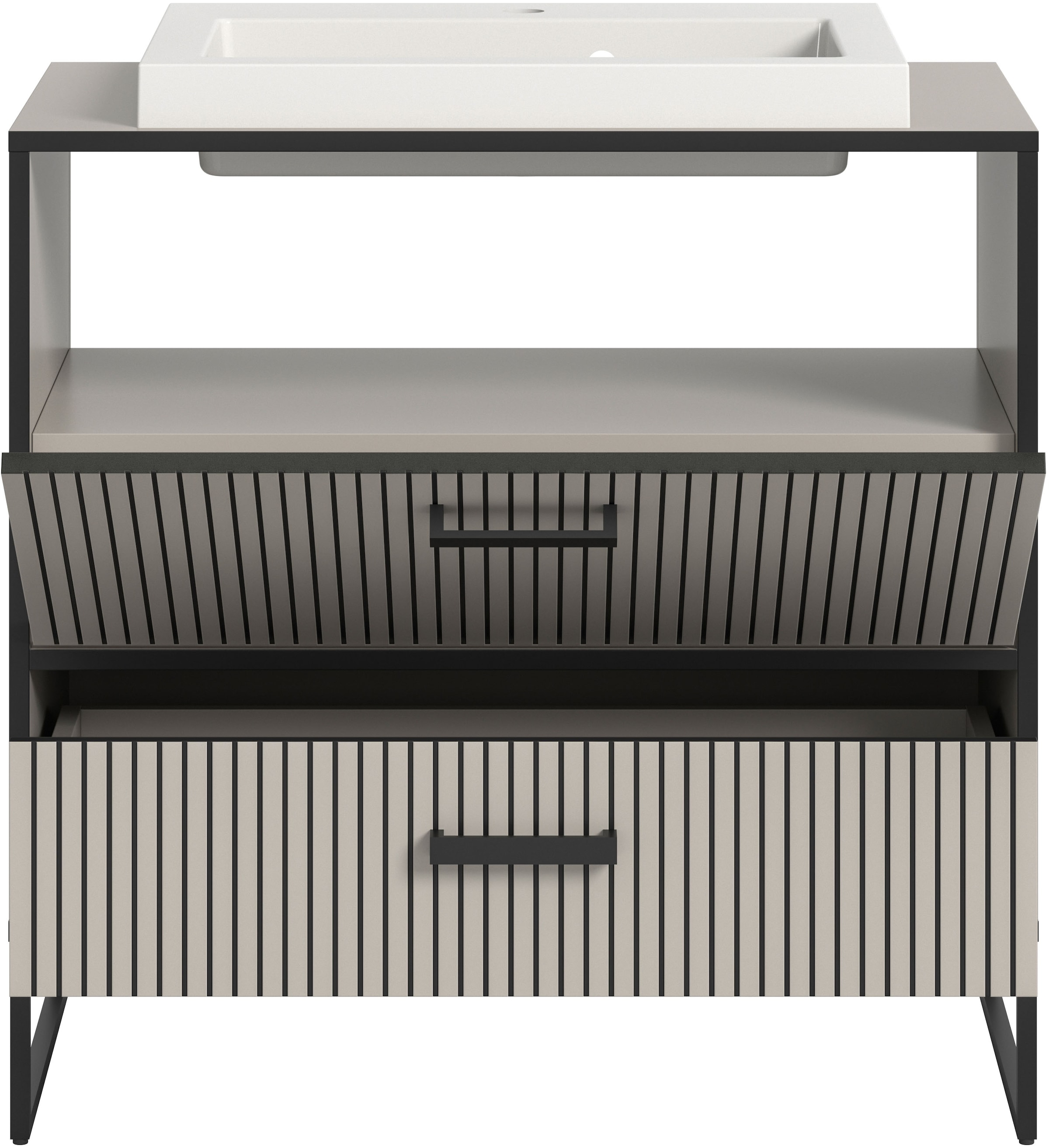 welltime Waschbeckenunterschrank »Locri, Höhe 84 cm, Rillenoptik, Metallkufen«, (2 St.), Aufsatzwaschbecken, modernes Design, Unterschrank, Badschrank, Bad