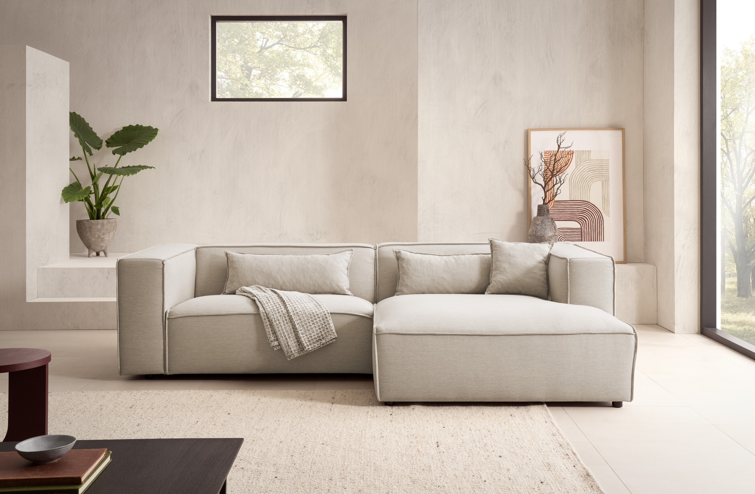 LeGer Home by Lena Gercke Ecksofa »PIARA mit Kedernaht, Cord, Leinenoptik o. Strukturstoff, Couch, L-Form«, wahlweise Ottomane rechts/links, schwarze Füße, bequemer Sitzkomfort