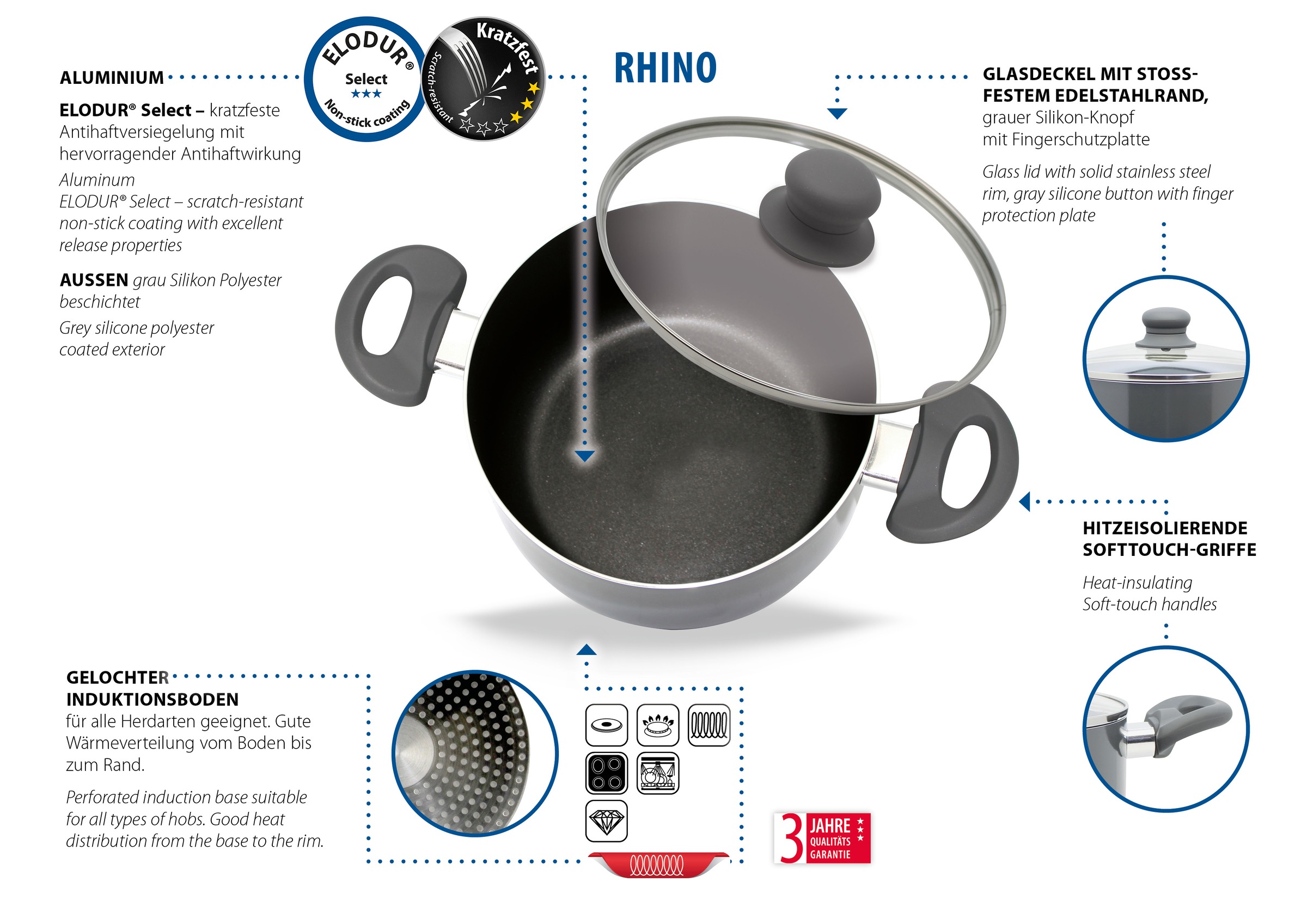 Elo Topf-Set »Rhino Topfset 4-teilig« Set, 7 Stk. tlg. Aluminium
