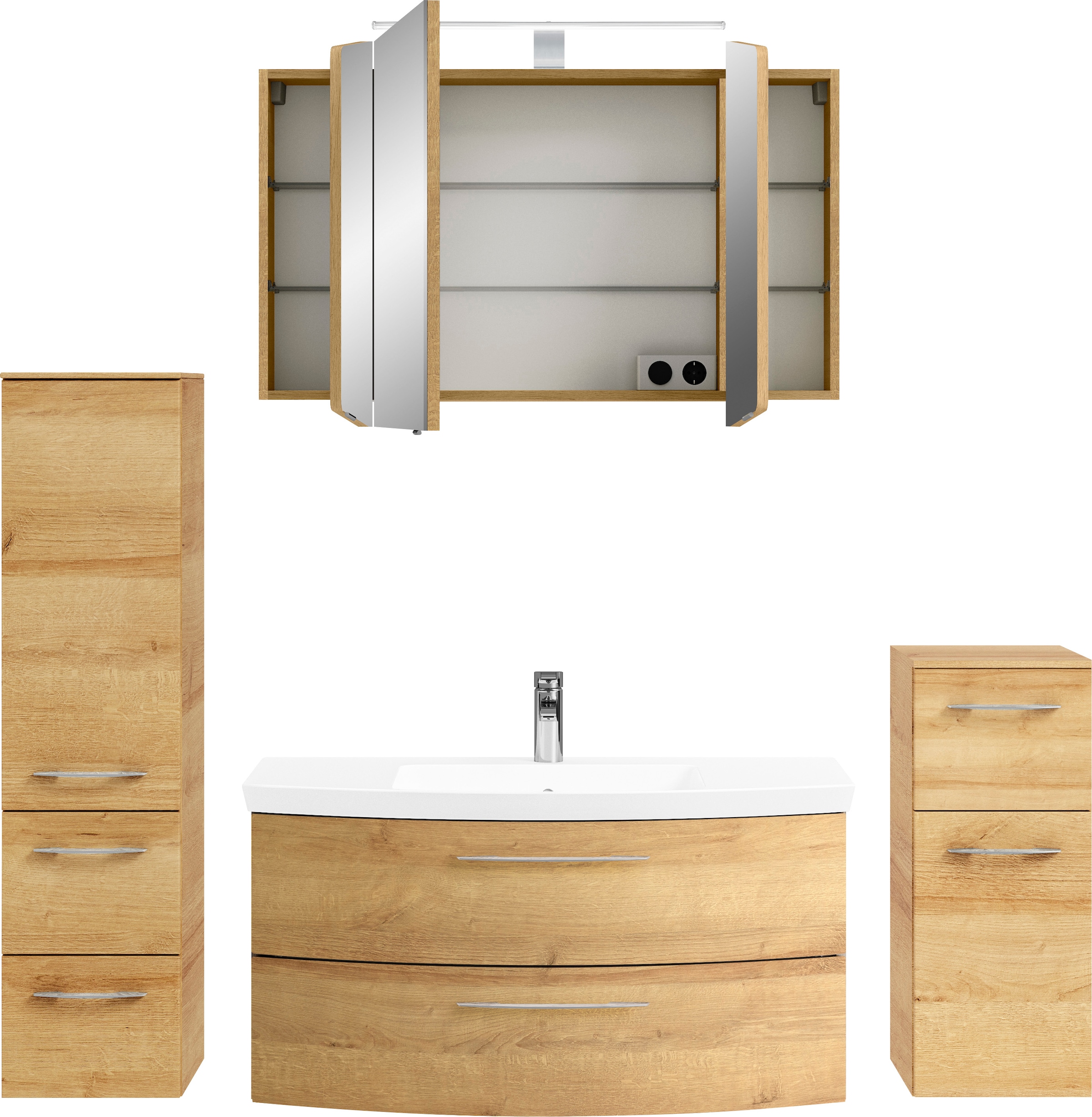 Saphir Badezimmer-Set »Cassca Sprint 4-teilig Mineralmarmor-Waschtisch mit LED-Spiegelschrank«, (5 St.), Midischrank, Unterschrank, inkl. Türdämpfer, 5 Türen, 5 Schubladen