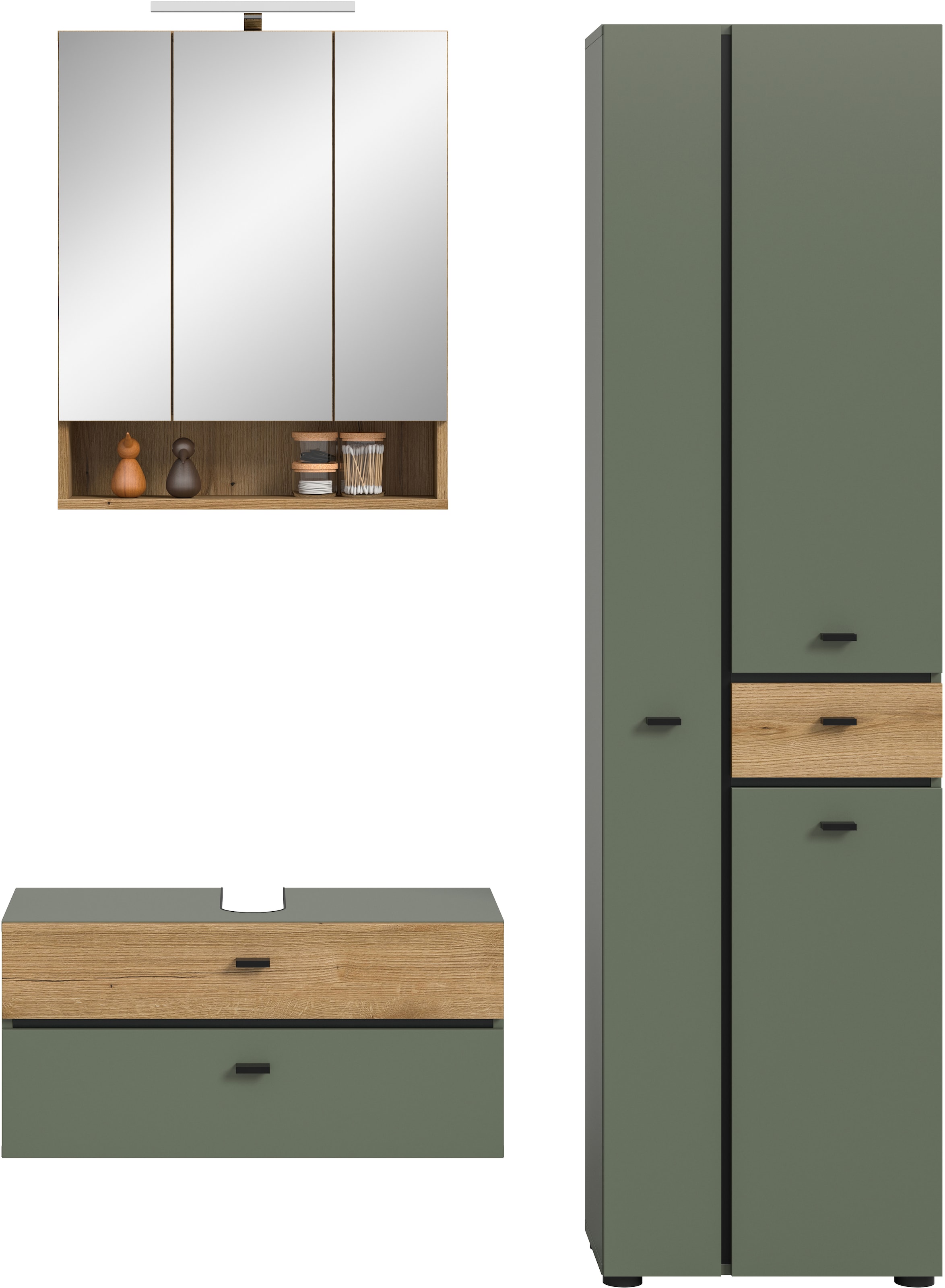 welltime Badmöbel-Set »VANN, 3-teilige moderne Badkombination, inkl. Beleuchtung« Waschbeckenunterschrank, Spiegelschrank inkl. Beleuchtung, Hochschrank, 3 Stk. tlg.