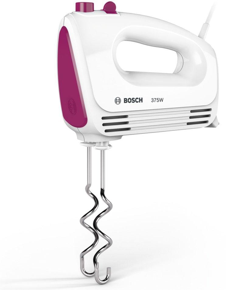 BOSCH Handmixer »CleverMixx MFQ2210P, Edelst. Rührbesen/Knethaken, 4 Stufen, weiß/pink«, 375 W, Turbotaste, ergonomischer Griff, Auswurftaste, Made in Europe