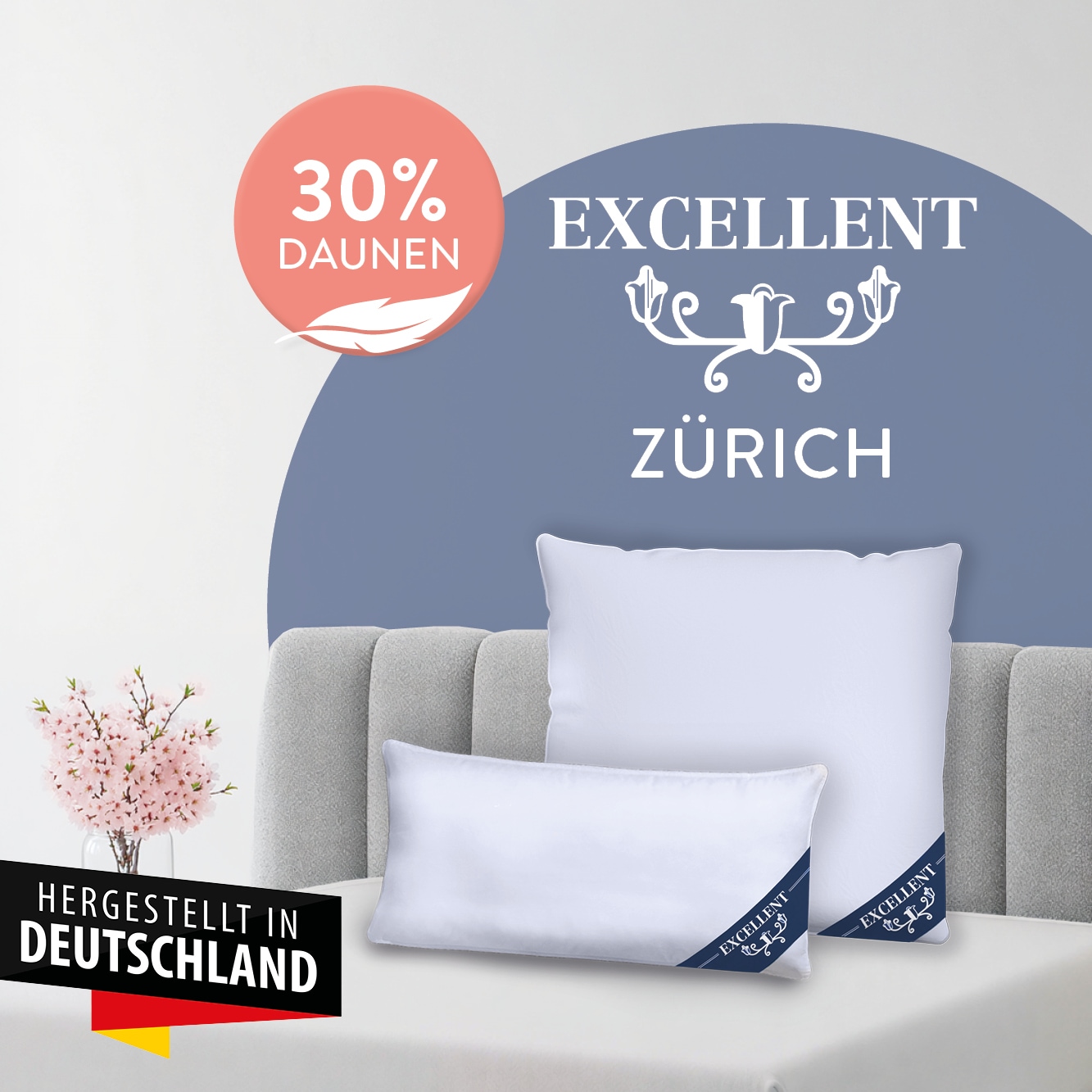 Excellent Federkopfkissen "Zürich, Kopfkissen in 40x80 und 80x80" Füllung: 70Federn30Daunen 1 Stk. tlg. allergikerfreundliches Kissen mit Daunenanteil