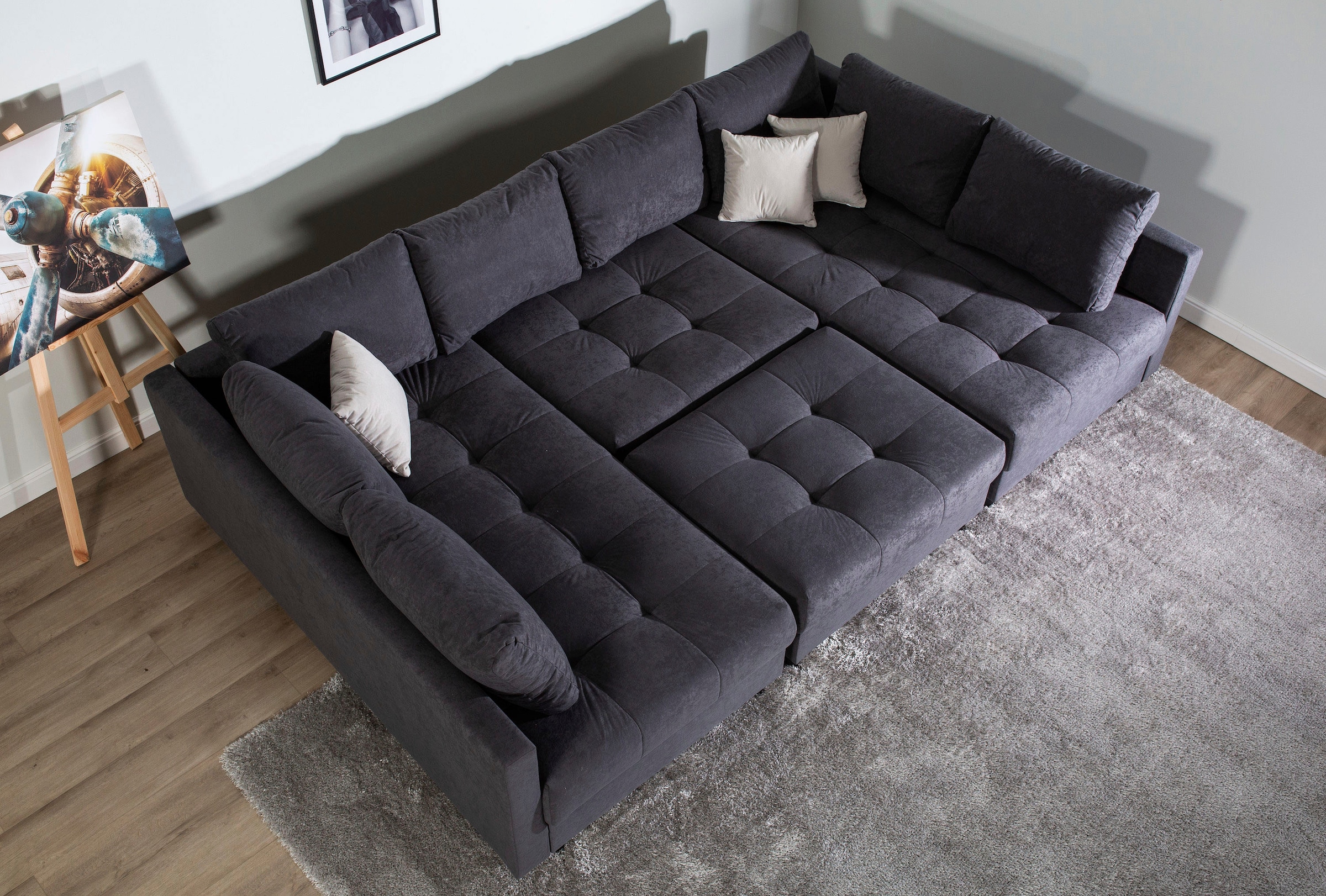 COLLECTION AB Wohnlandschaft »Toni U-Form, B: 298 cm, Liegefl. 282x178cm« Set 2tlg. Sofa + Hocker, mit Schlaffunktion, Federkern, 3 Zierkissen