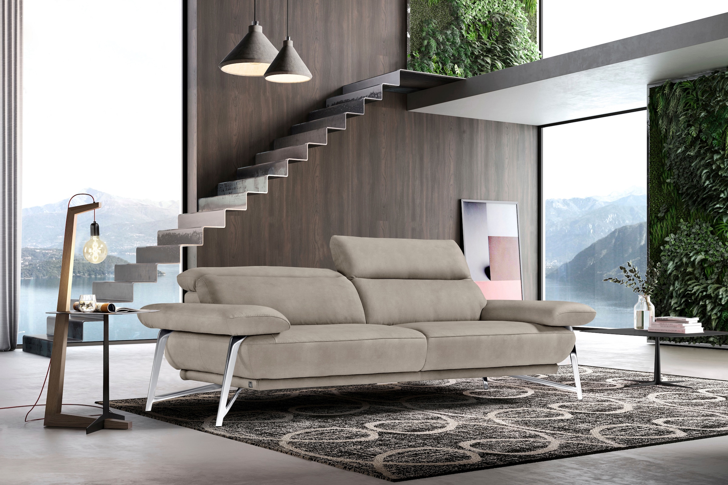 Egoitaliano Sofa »Anais, erstklassiger Sitzkomfort, Fußfarbe chrom« Set, Kopfteil verstellbar, Luxus-Microfaser Lederoptik, opal grau