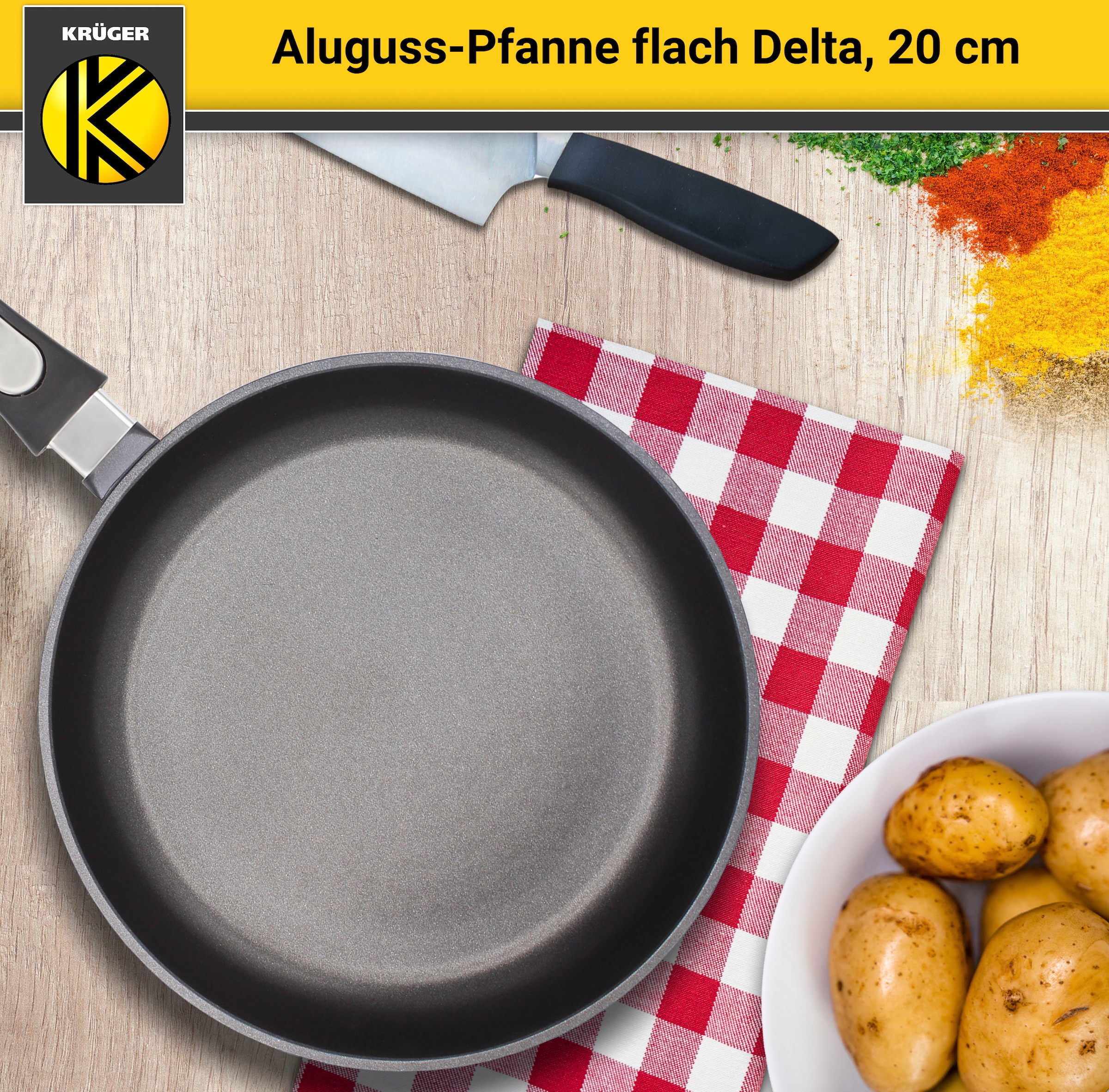 Krüger Bratpfanne »Aluguss Pfanne flach DELTA« Aluminiumguss 1 Stk. tlg. für Induktions-Kochfelder geeignet