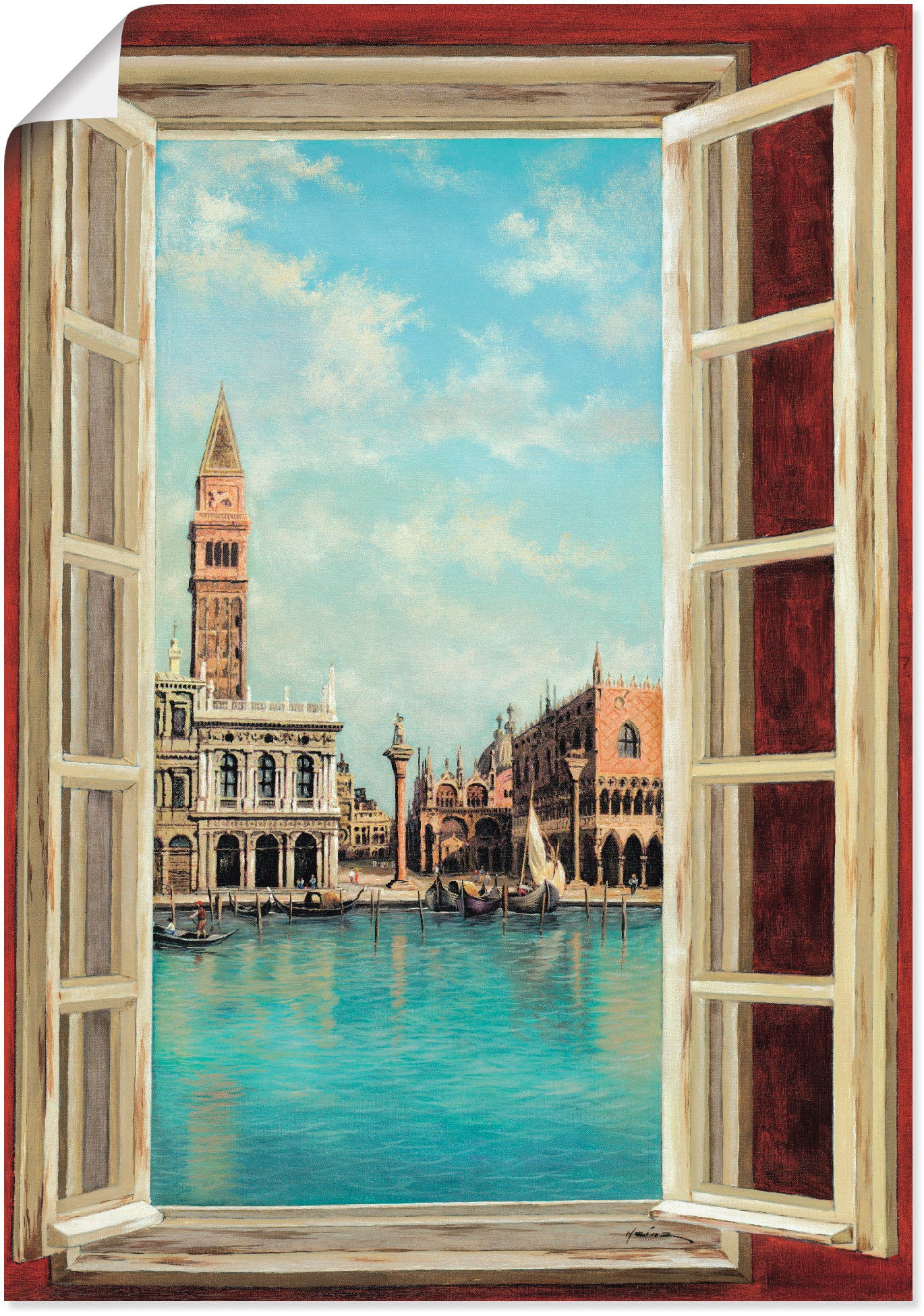 Wandaufkleber Fensterblick, Poster Größen Wandbild (1 »Fenster in bestellen Blick Alubild, versch. auf als Artland Rechnung mit auf oder Venedig«, St.), Leinwandbild,