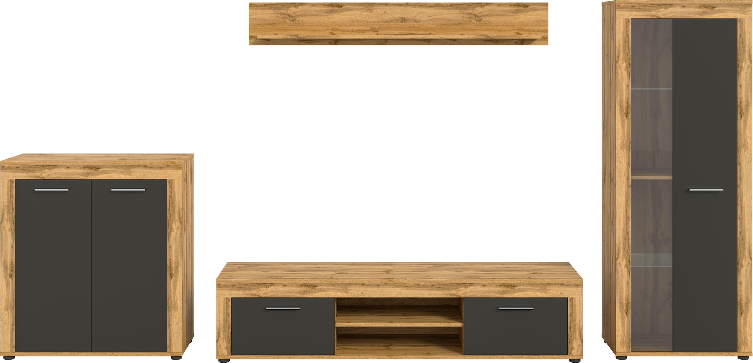INOSIGN Wohnwand »Aosta, Breite 330cm, best. aus Highboard, Lowboard, Wandboard, Vitrine«, (4 St.), Wohnwand, Kombination, Anbauwand, Möbel Set, Schrankwand, Möbel Kombi