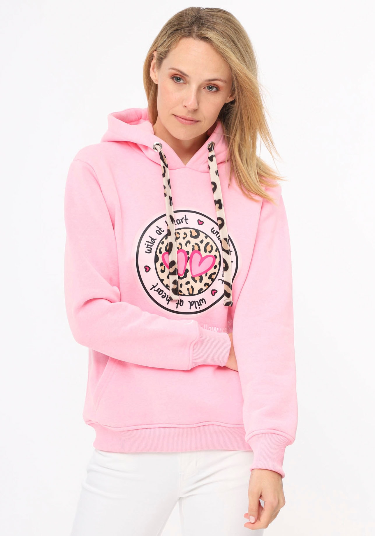 Zwillingsherz Hoodie, mit "Wild at Heart"-Aufdruck und Bindebänder in Leo-Optik