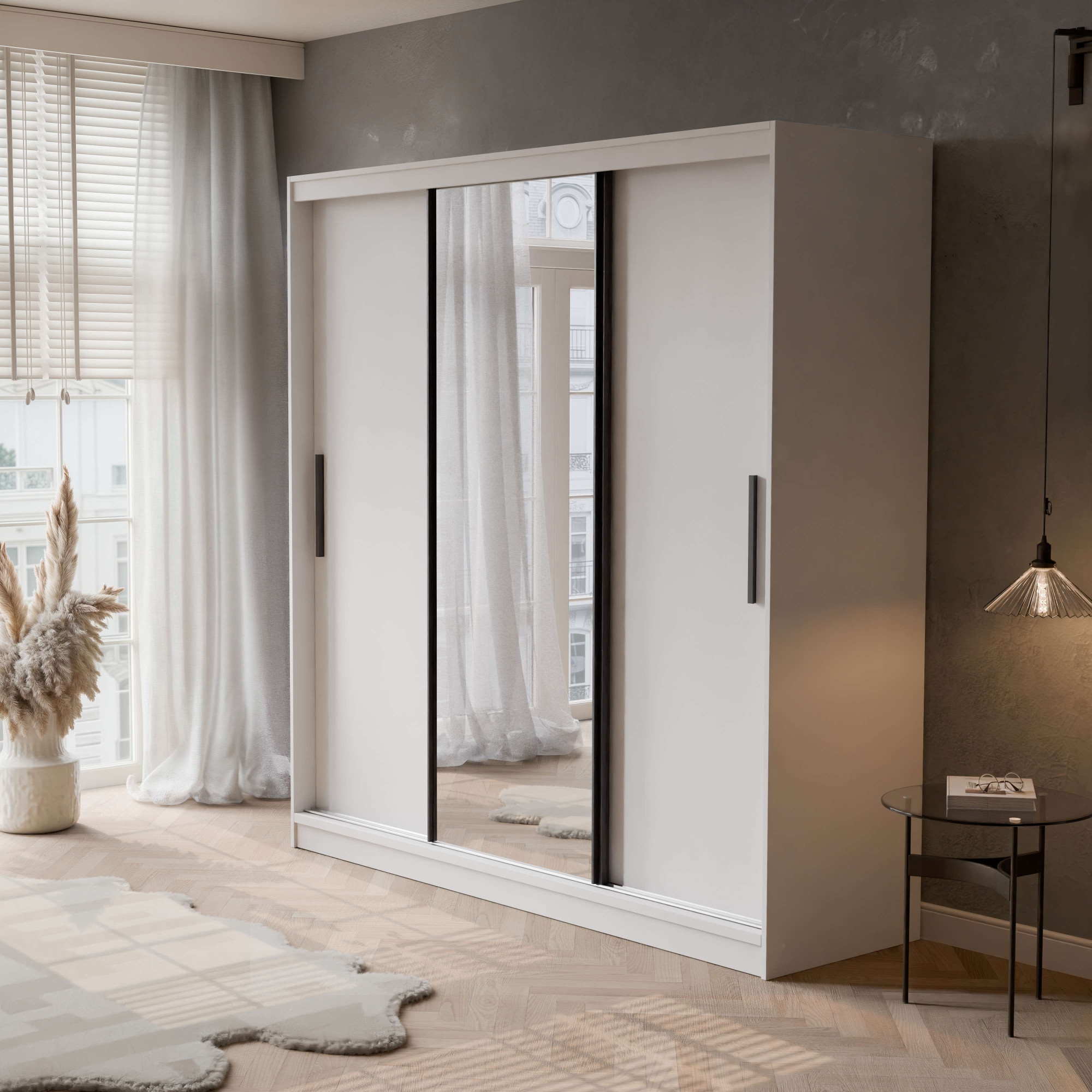 OTTO home Kleiderschrank »JORELLA,  Schwebetürenschrank, Stil trifft Qualität und Funktion« H/B/T ca. 210/200/59 cm,  3 Türen, schwarz abgesetzt, viel Stauraum, Spiegel