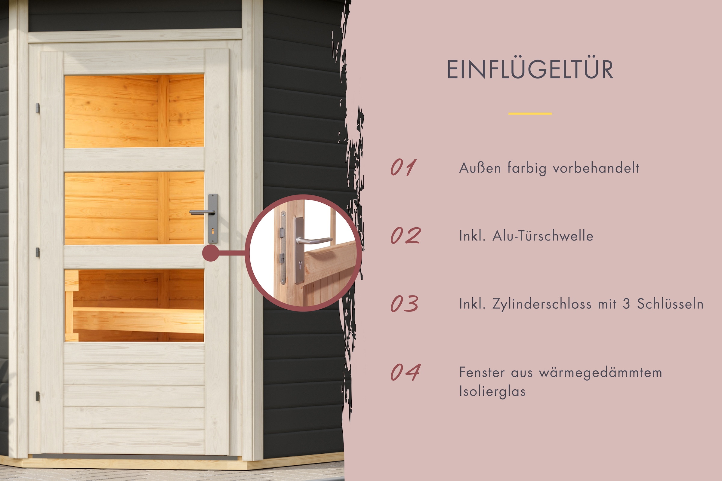 Karibu Saunahaus »»Simon 1« mit moderner Tür, terragrau mit Fenster« Set, 