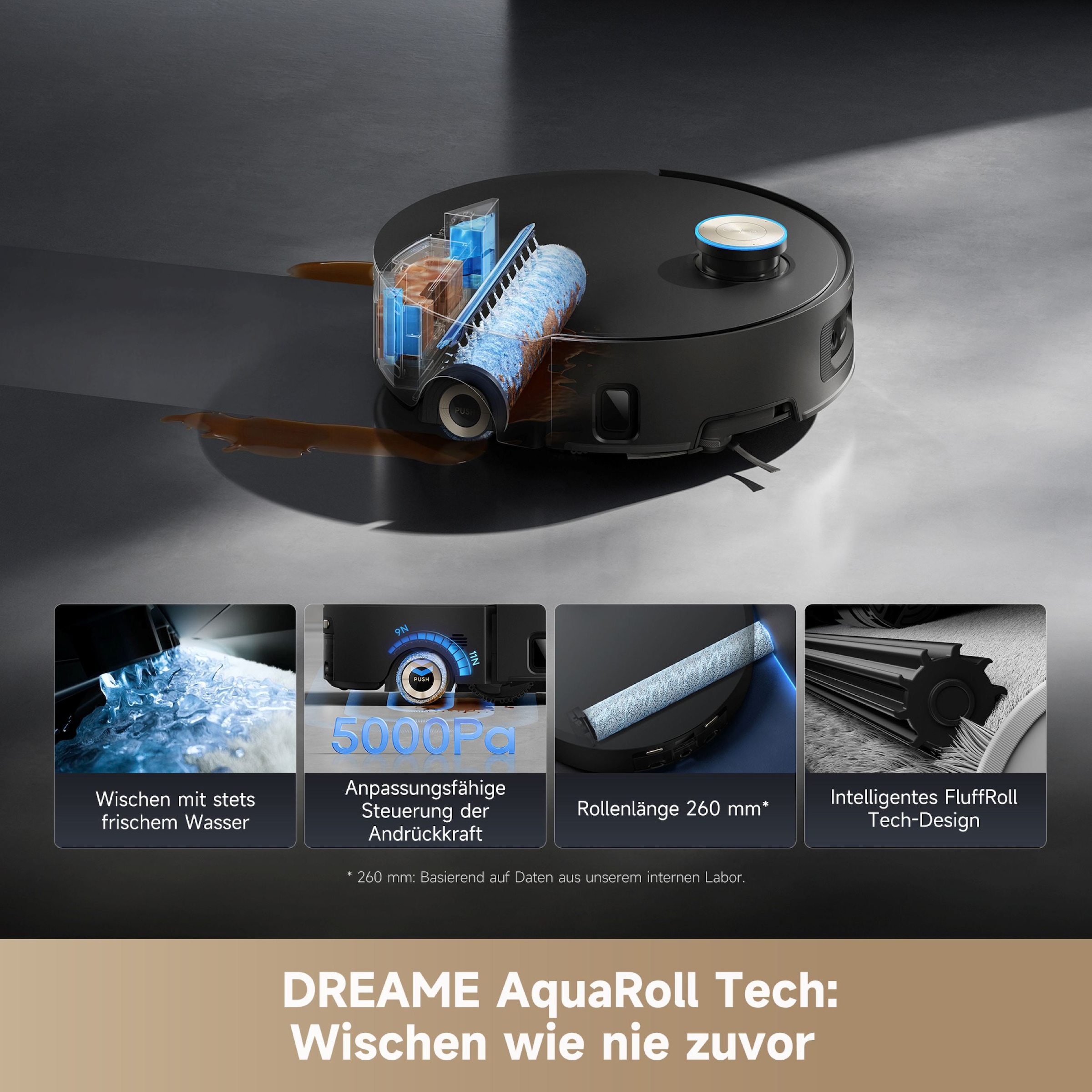 Dreame Saugroboter »mit Wischfunktion Aqua10 Ultra Roller Complete Black« Warmwasser-Wischsystem, Rollenmopp, überwindet Hindernisse, 30.000 Pa
