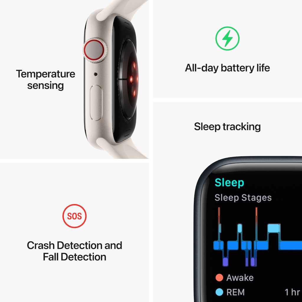 Apple Smartwatch »Series 8, GPS + Cellular, Edelstahl-Gehäuse, 41 mm mit Sportarmband«, (Watch OS)