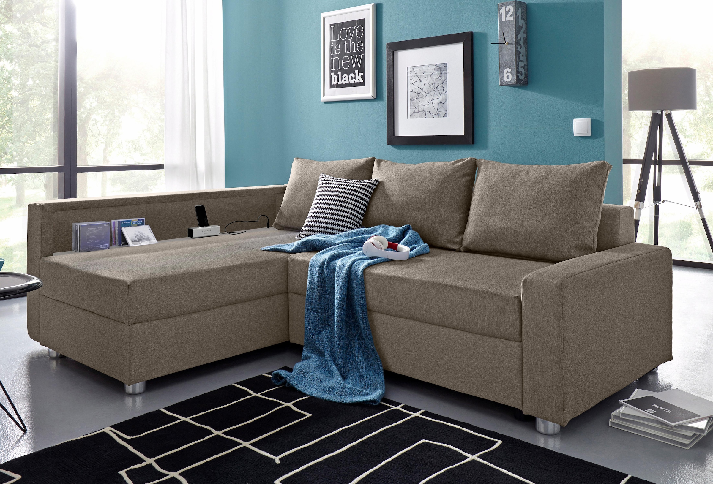 COLLECTION AB Ecksofa »Relax L-Form, B: 223 cm« Schlaffunktion, Bettkasten, Regal & 1 Zierkissen, optional Licht