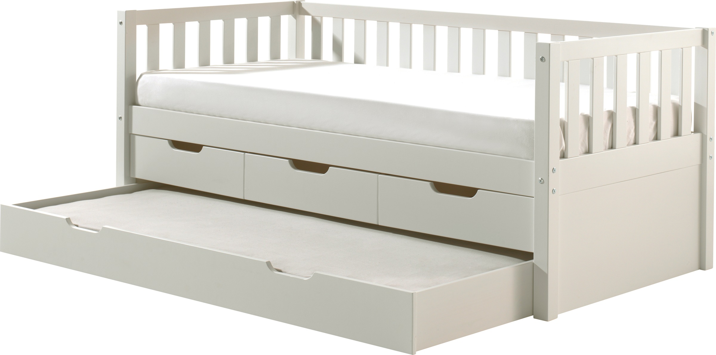 Vipack Einzelbett »mit Schubladen, Kiefer massiv, viel Stauraum und zeitloses Design«, (B/H/T ca. 211,2x85,5x97,8cm, Ausf. Milky Pine oder Weiß), inkl. Rolllattenrost, mit oder ohne Bettschublade