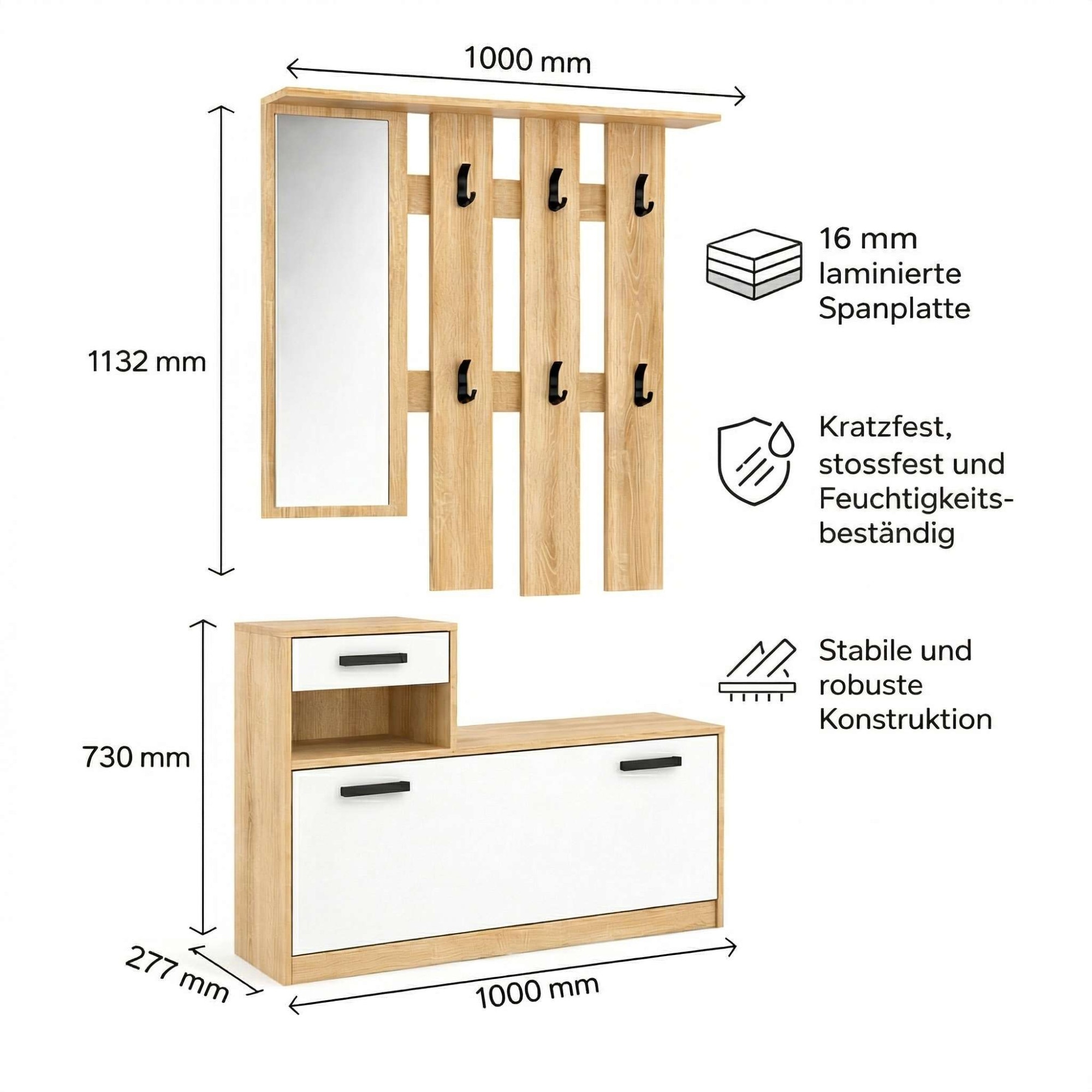 OTTO home Garderoben-Set »Luna Kommode mit 1 Klappe + 1 Schubkasten, Paneel mit Spiegel 6 Haken« 2 Stk. tlg.