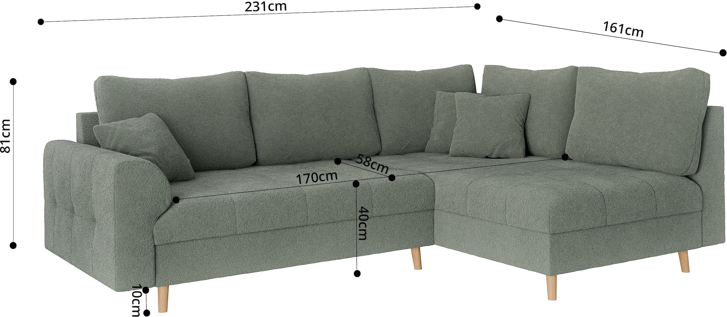 Home affaire Ecksofa »CHARRE L-Form mit Ottomane, Maße B/T/H: 231/161/81 cm«, feine Steppung, lose Rücken- und Zierkissen, auch in Cord und Bouclé