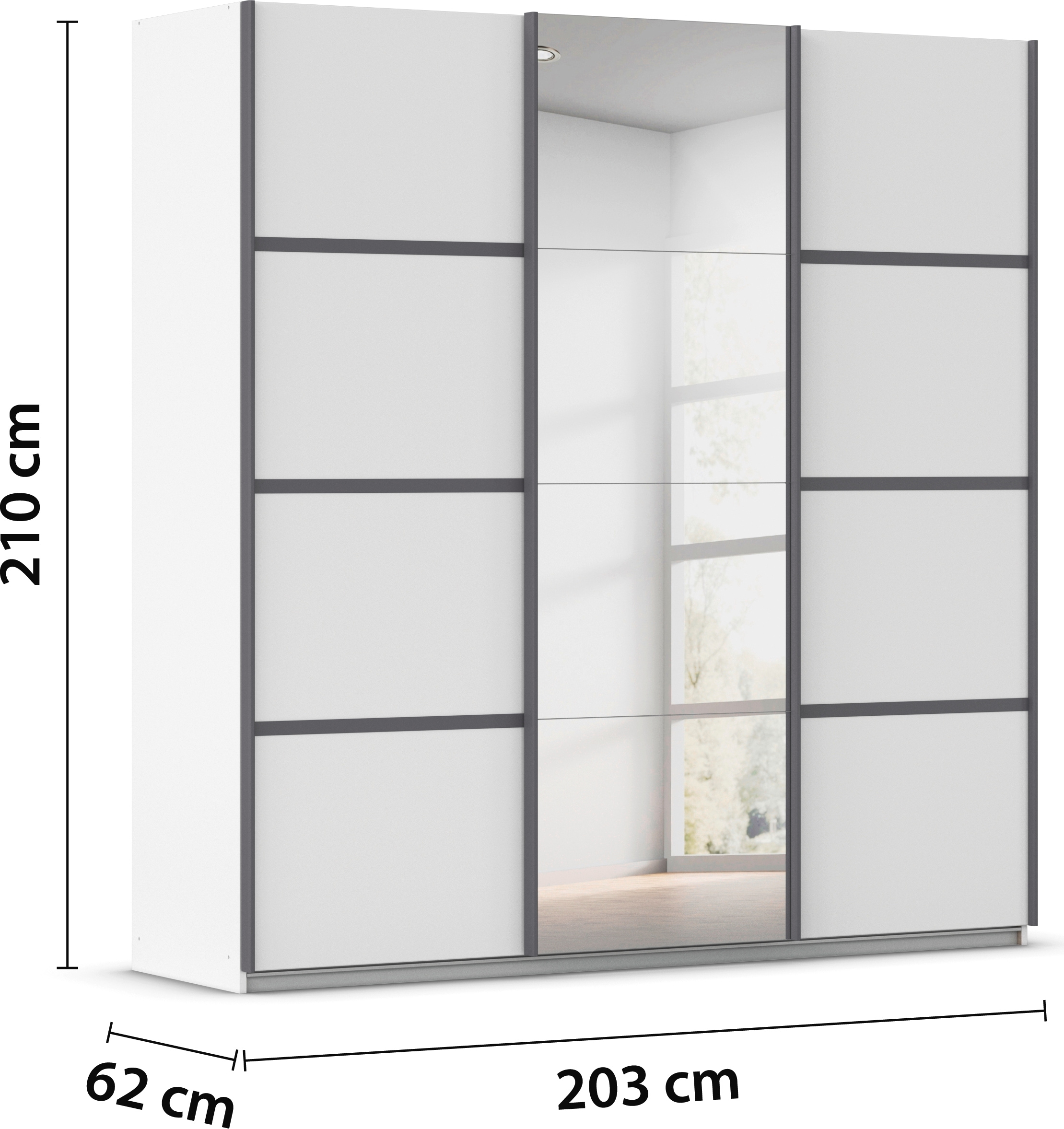 rauch Kleiderschrank »Schwebetürenschrank OTTO´s Choice Garderobe Schrank TOP ANGEBOT Avola« in 3 verschiedenen Ausstattungen BASIC/CLASSIC/PREMIUM inkl. Spiegel,  mit eleganten Zierleisten in Chrom, Schwarz oder Weiß MADE IN GERMANY