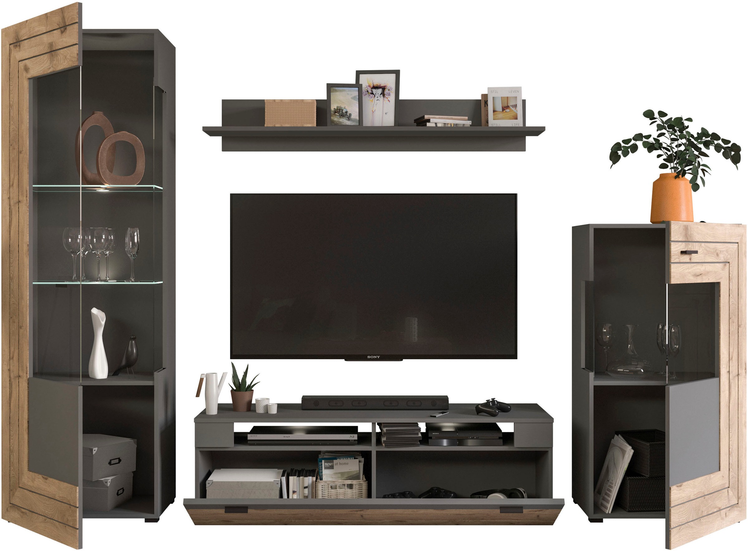INOSIGN Wohnwand »Aalborg, Breite 290cm, 2-farbig,Metallgriffe, 4-teilig, bestehend aus:«, (4 St.), 1x Vitrine, 1x Lowboard, 1x Wandboard und 1x Stauraumschrank