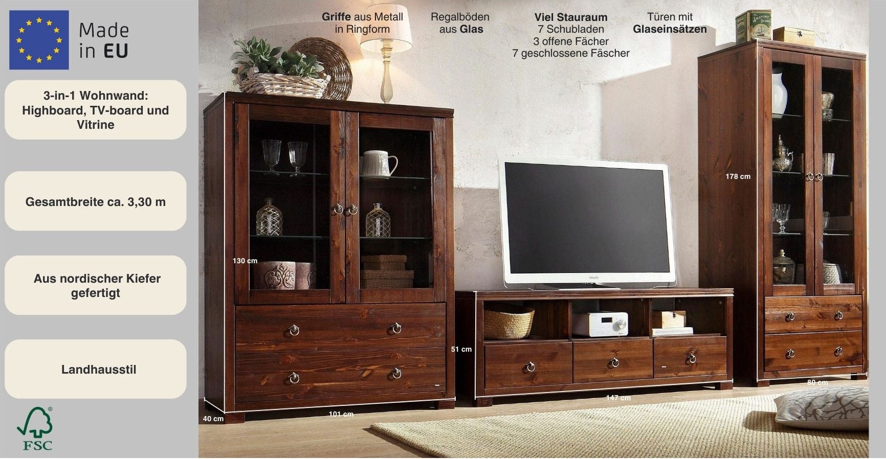 Home affaire Wohnwand »Gotland«, (Set, 3 St.), bestehend aus 1 Highboard, 1 TV-Lowboard und 1 Vitrine