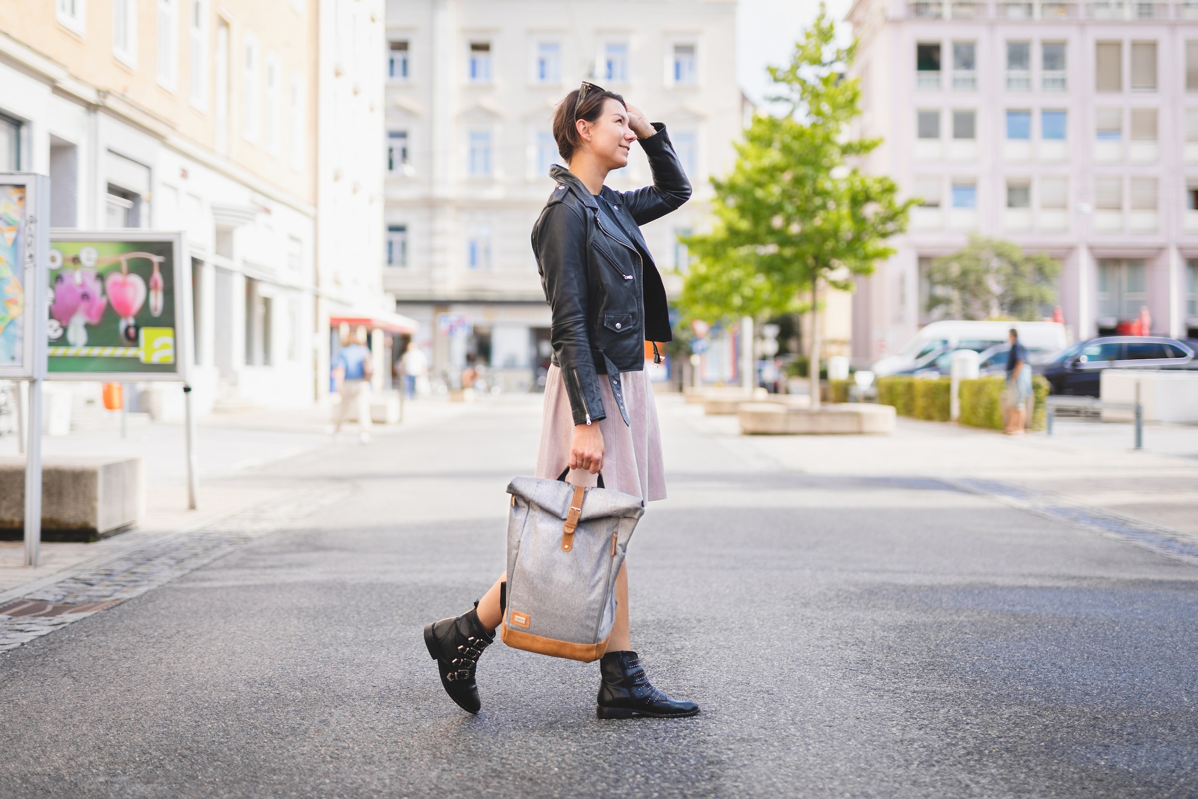 Fillikid Wickelrucksack »Rolltop Berlin, grau melange«, Reflektoren, inkl. Wickeltunterlage