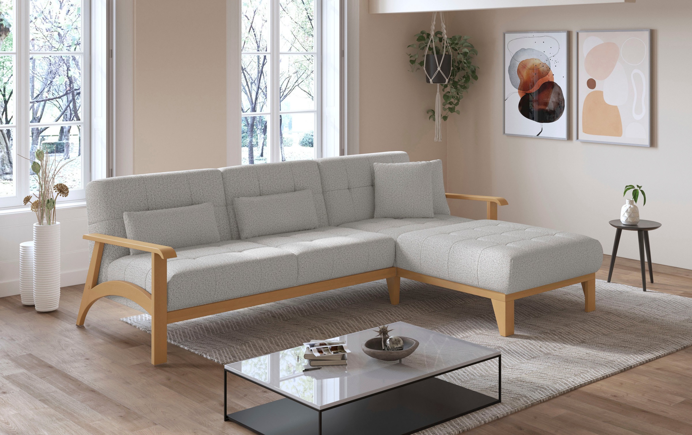 sit&more Ecksofa »Billund L-Form«, Armlehnen aus eichefarbigem Buchenholz, verschiedene Bezüge und Farben