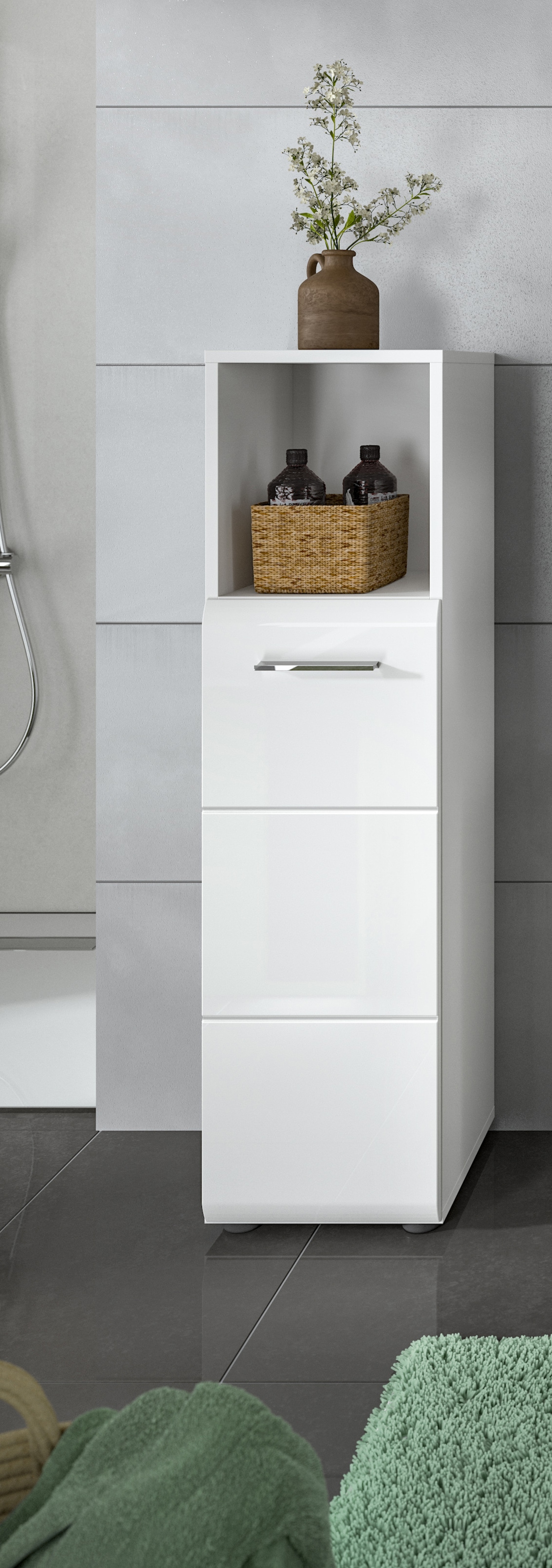 welltime Stauraumschrank »FLORENZ, TOPSELLER!, Höhe 110 cm, 1 Tür, 2 Fachböden, 1 offenes Fach« TOPSELLER!, 1 Stk. tlg. Türanschlag wechselbar, hochwertige MDF Front, Badschrank, Bad