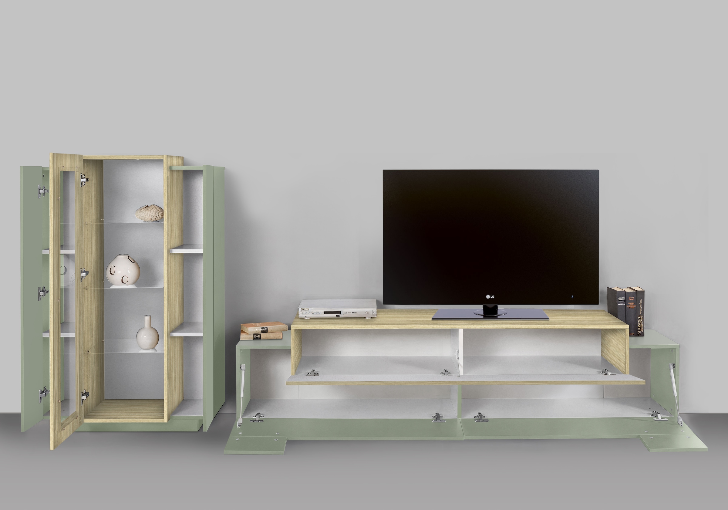 INOSIGN Wohnwand »Coro, Anbauwand, Medienwand« Set, 2 Stk. tlg. Lowboard 4 Fächern Breite 200 cm und Vitrine 3 Türen Breite 80 cm