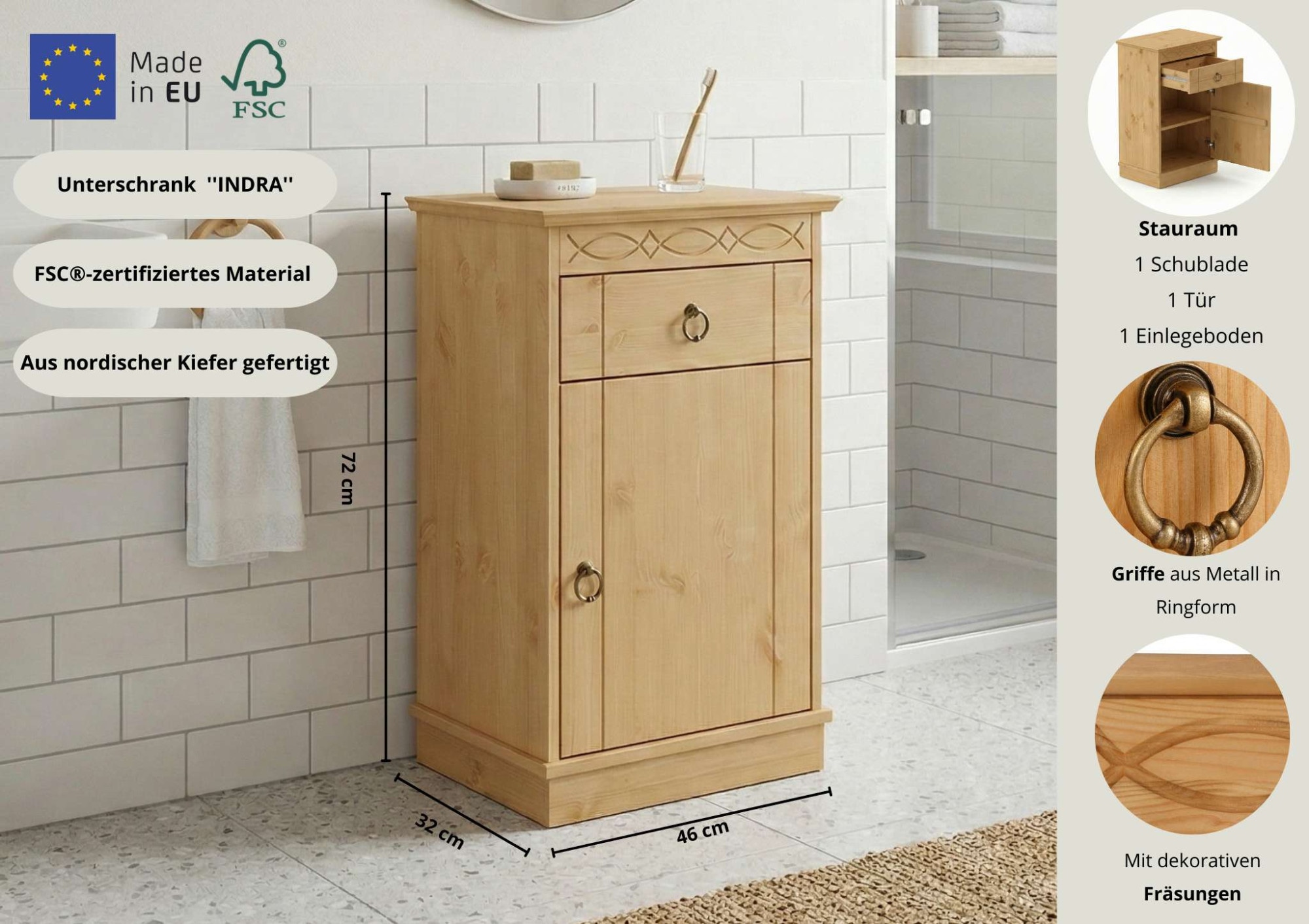 OTTO home Unterschrank »Indra, Badschrank, Badmöbel, Badezimmerschrank« B/T/H: 46/32/73 cm,  aus massiver Kiefer, mit Schublade,  FSC®-zertifiziert